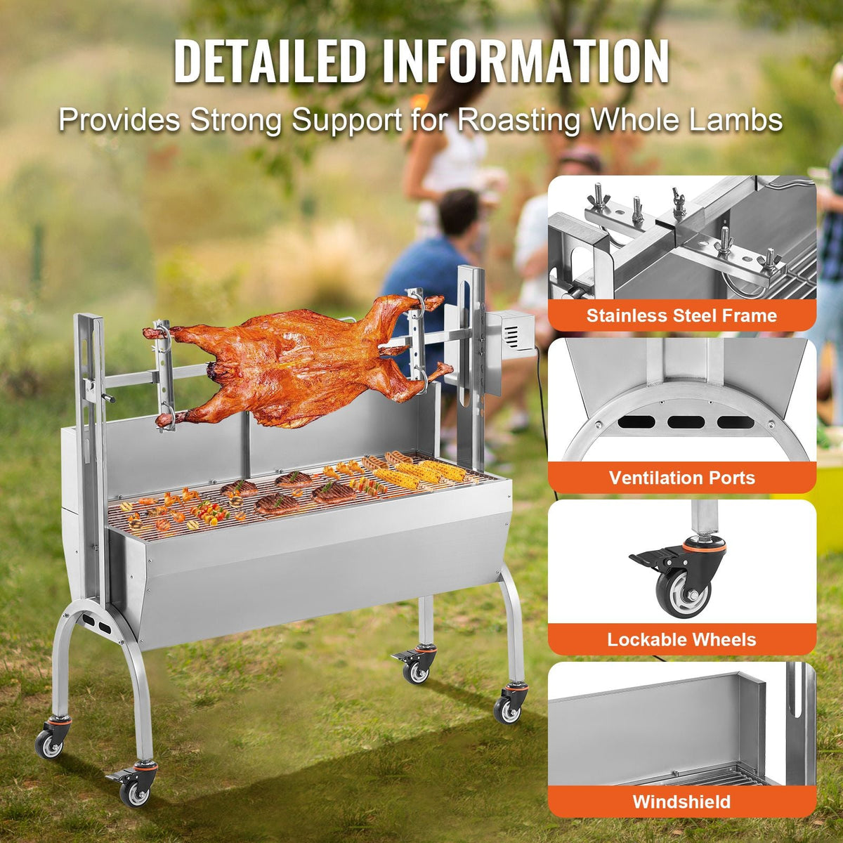 Rotisserie Grill with Windscreen, BBQ Whole Pig Lamb Goat Charcoal Spit Grill, 46 Inch 132 Lbs Capacity, Electric 52W Motor Stainless Steel Roaster with Lockable Wheels, for Camping Outdoor