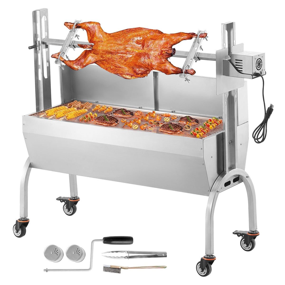 Rotisserie Grill with Windscreen, BBQ Whole Pig Lamb Goat Charcoal Spit Grill, 46 Inch 132 Lbs Capacity, Electric 52W Motor Stainless Steel Roaster with Lockable Wheels, for Camping Outdoor
