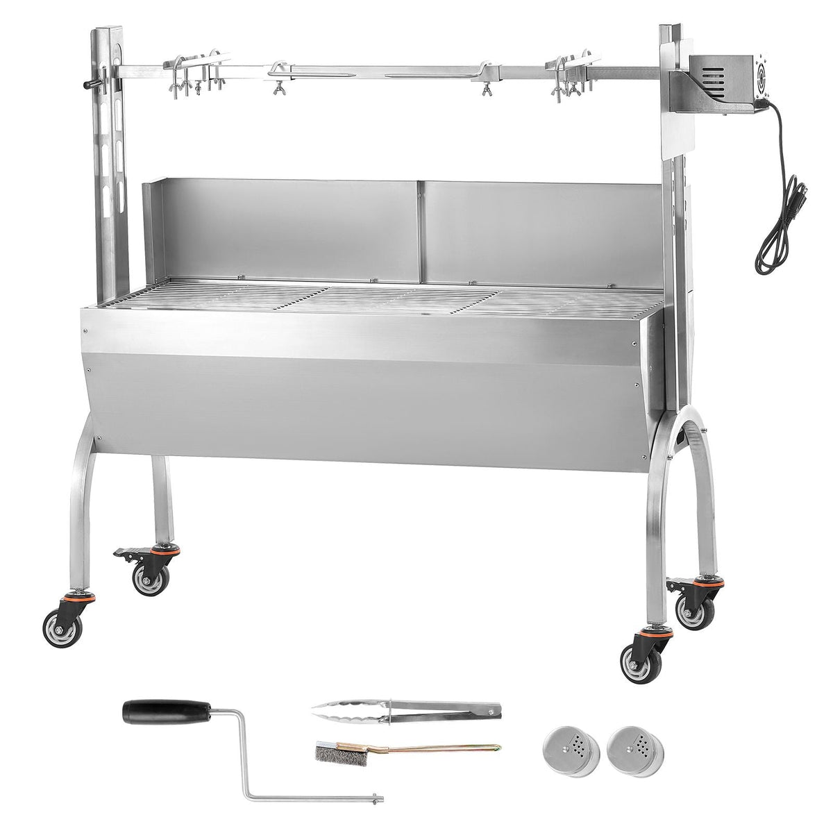 Rotisserie Grill with Windscreen, BBQ Whole Pig Lamb Goat Charcoal Spit Grill, 46 Inch 132 Lbs Capacity, Electric 52W Motor Stainless Steel Roaster with Lockable Wheels, for Camping Outdoor