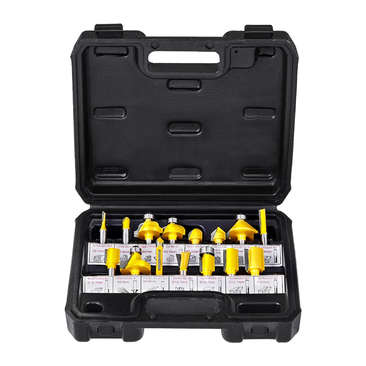 Router Bits Set, 15 Pieces, Carbide Router Bit Kit with 1/4 Inch Shank, Plastic Carrying Case, Woodworking Tools for Professional and Beginners Carpenter, for Wood MDF Particle Board Plywood