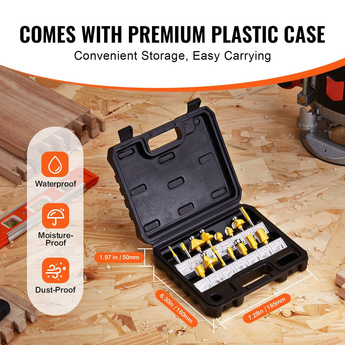 Router Bits Set, 15 Pieces, Carbide Router Bit Kit with 1/4 Inch Shank, Plastic Carrying Case, Woodworking Tools for Professional and Beginners Carpenter, for Wood MDF Particle Board Plywood