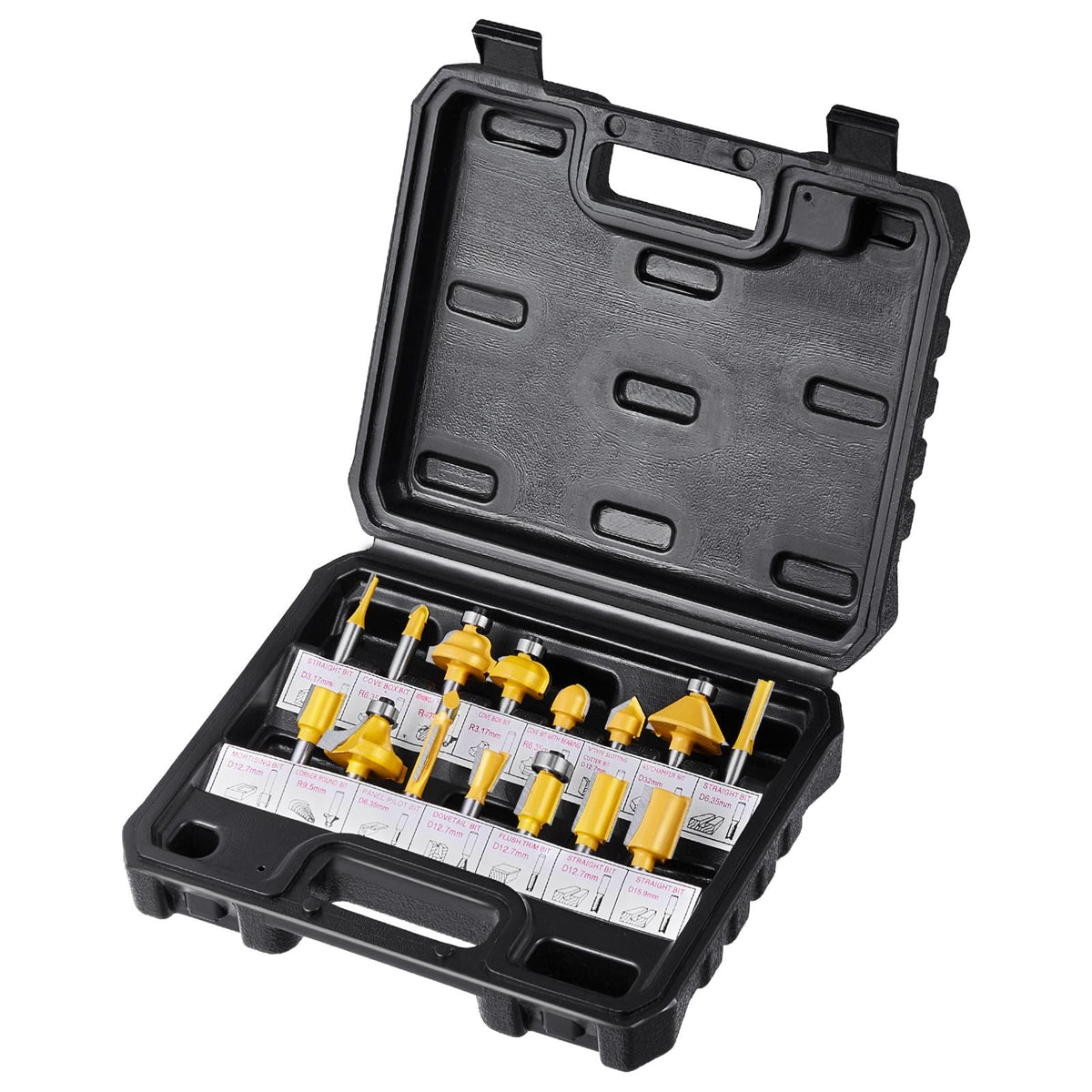Router Bits Set, 15 Pieces, Carbide Router Bit Kit with 1/4 Inch Shank, Plastic Carrying Case, Woodworking Tools for Professional and Beginners Carpenter, for Wood MDF Particle Board Plywood