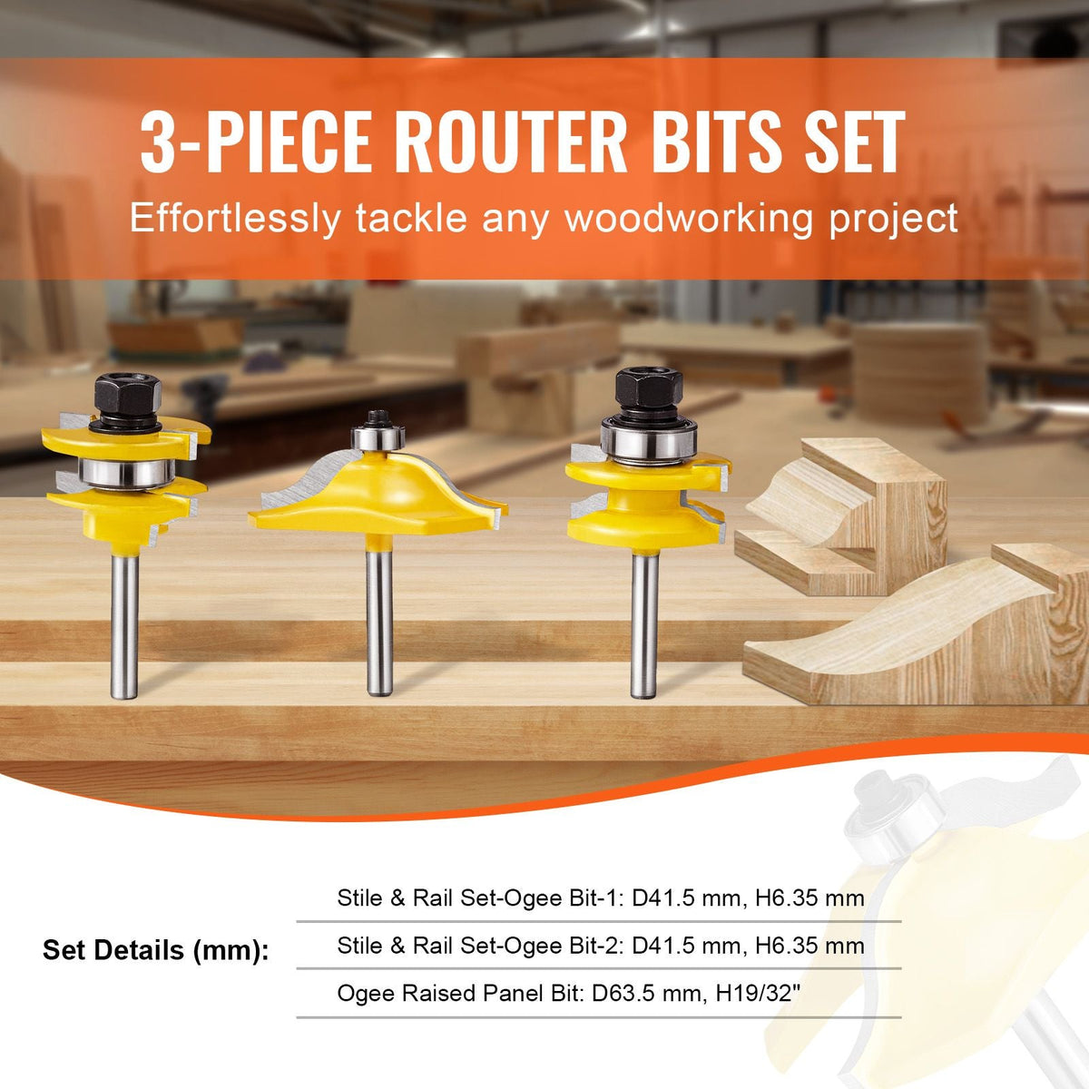 Router Bits Set, 3 Pieces, Carbide Router Bit Kit with 1/4 Inch Shank, Wood Carrying Case, Woodworking Tools for Professional and Beginners Carpenter, for Wood MDF Particle Board Plywood