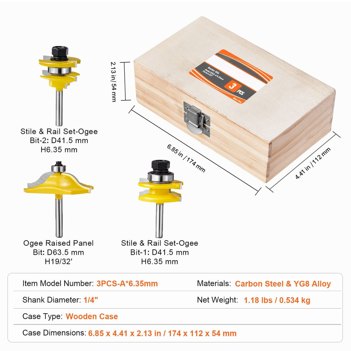 Router Bits Set, 3 Pieces, Carbide Router Bit Kit with 1/4 Inch Shank, Wood Carrying Case, Woodworking Tools for Professional and Beginners Carpenter, for Wood MDF Particle Board Plywood