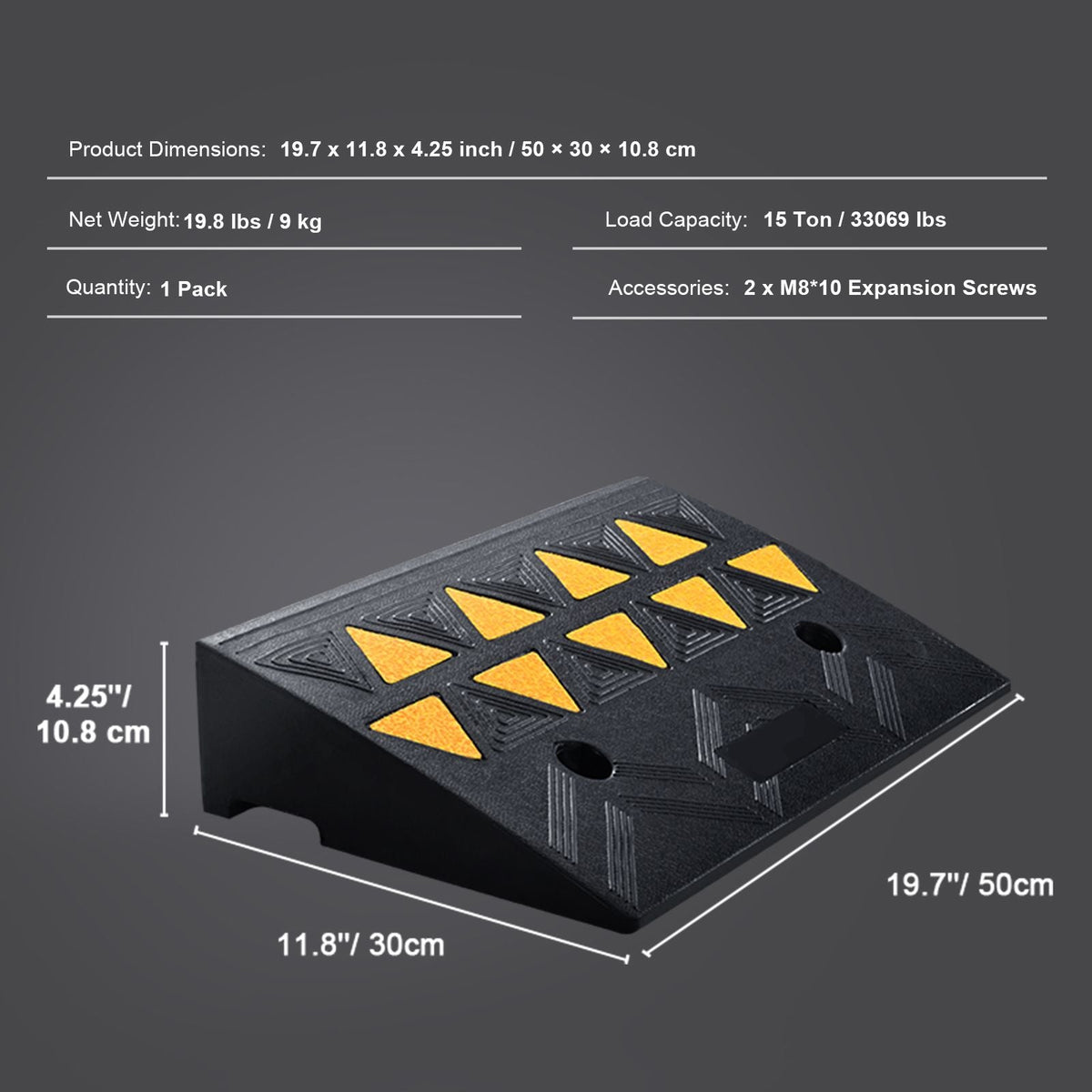 Rubber Curb Ramp 4.25" Rise Height Sidewalk Curb Ramp, 11.8" Width 19.7" Length Driveway Ramp for Curb, 15T Heavy Duty Rubber Ramp for Forklifts, Trucks, Buses, Cars, Wheelchairs, Bikes