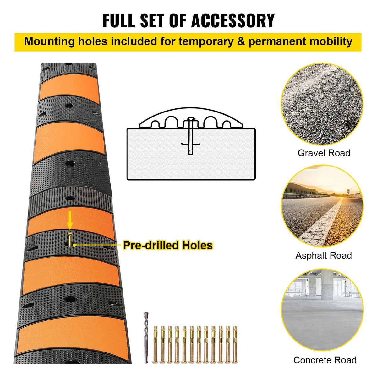Rubber Speed Control Hump, Dual Channel, 2 Units, 72.8" Length, Supports Up to 22000 LBS, Dimensions 72.8 x 12.2 x 2.2, Suitable for Asphalt, Concrete, and Gravel Surfaces - 6 Feet