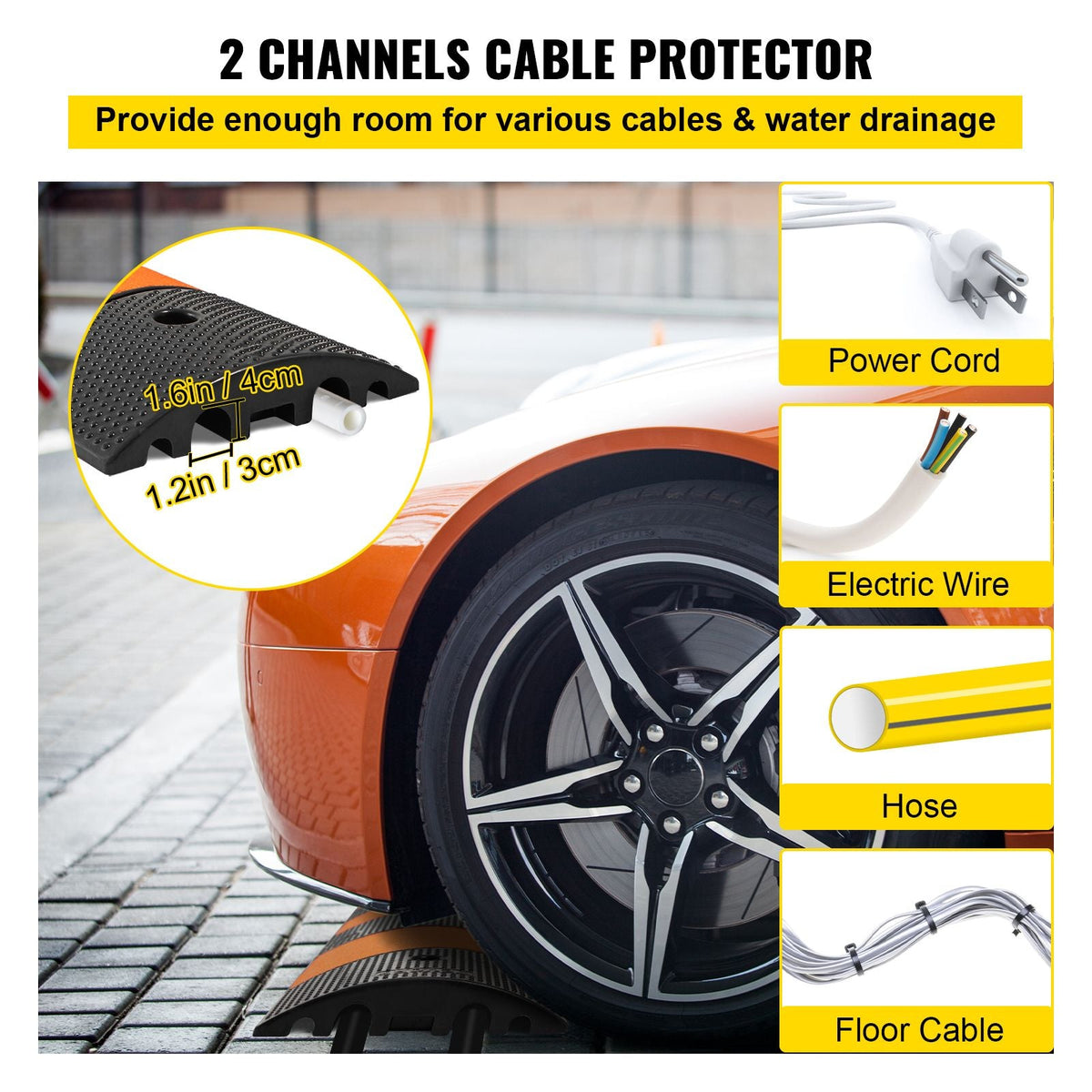 Rubber Speed Control Hump, Dual Channel, 2 Units, 72.8" Length, Supports Up to 22000 LBS, Dimensions 72.8 x 12.2 x 2.2, Suitable for Asphalt, Concrete, and Gravel Surfaces - 6 Feet