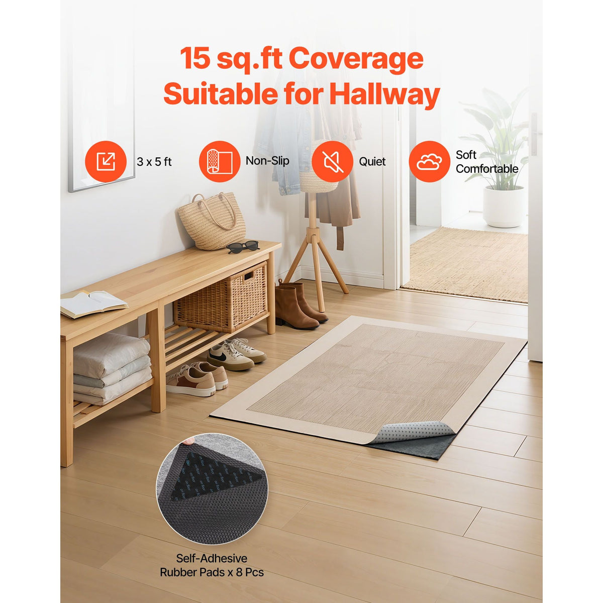 Rug Pad 3 x 5 ft, Non-slip Carpet Area Pad, Rug Mat Padding with Dual Surface Felt Cushion & Rubber Gripper, Hardwood Floor Protection for All Floors, Finishes, Keeps Carpets in Place
