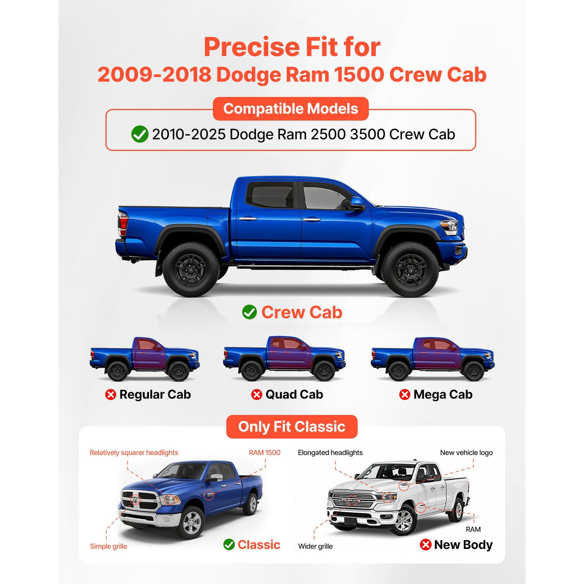 Running Boards, 6 Inches Side Steps Compatible with 2009-2018 Dodge Ram 1500 Crew Cab, 2010-2025 Dodge Ram 2500 3500 Crew Cab(Not Fit 2019-2025 Ram 1500 New Body), 500 lbs Load Capacity, Black