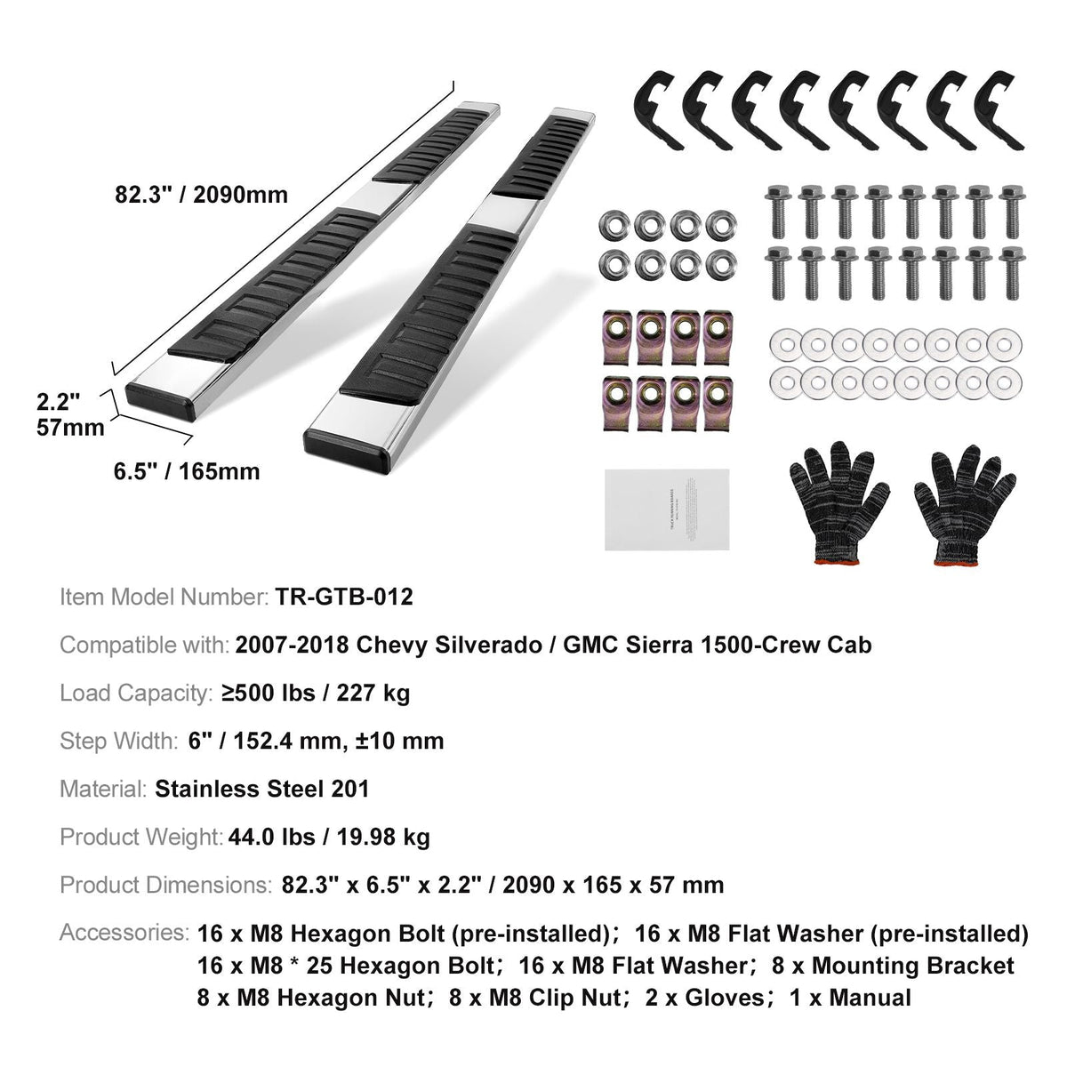 Running Boards, 6" Step Bars Compatible with 2007-2018 Chevy Silverado/GMC Sierra 1500 Crew Cab/2019 2500HD 3500HD 1500 LD, 201 Stainless Steel Side Steps Nerf Bars, 500LBS Capacity, 2 Piece