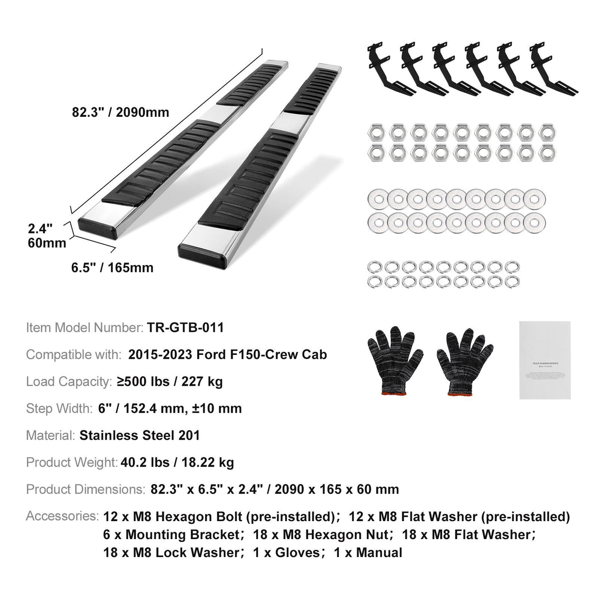 Running Boards, 6" Step Bars Compatible with 2015-2023 Ford F150-Crew Cab/2017-2023 Ford F-250 F-350 Super Duty Crew Cab, 201 Stainless Steel Side Steps Nerf Bars, 500LBS Capacity, 2 Piece