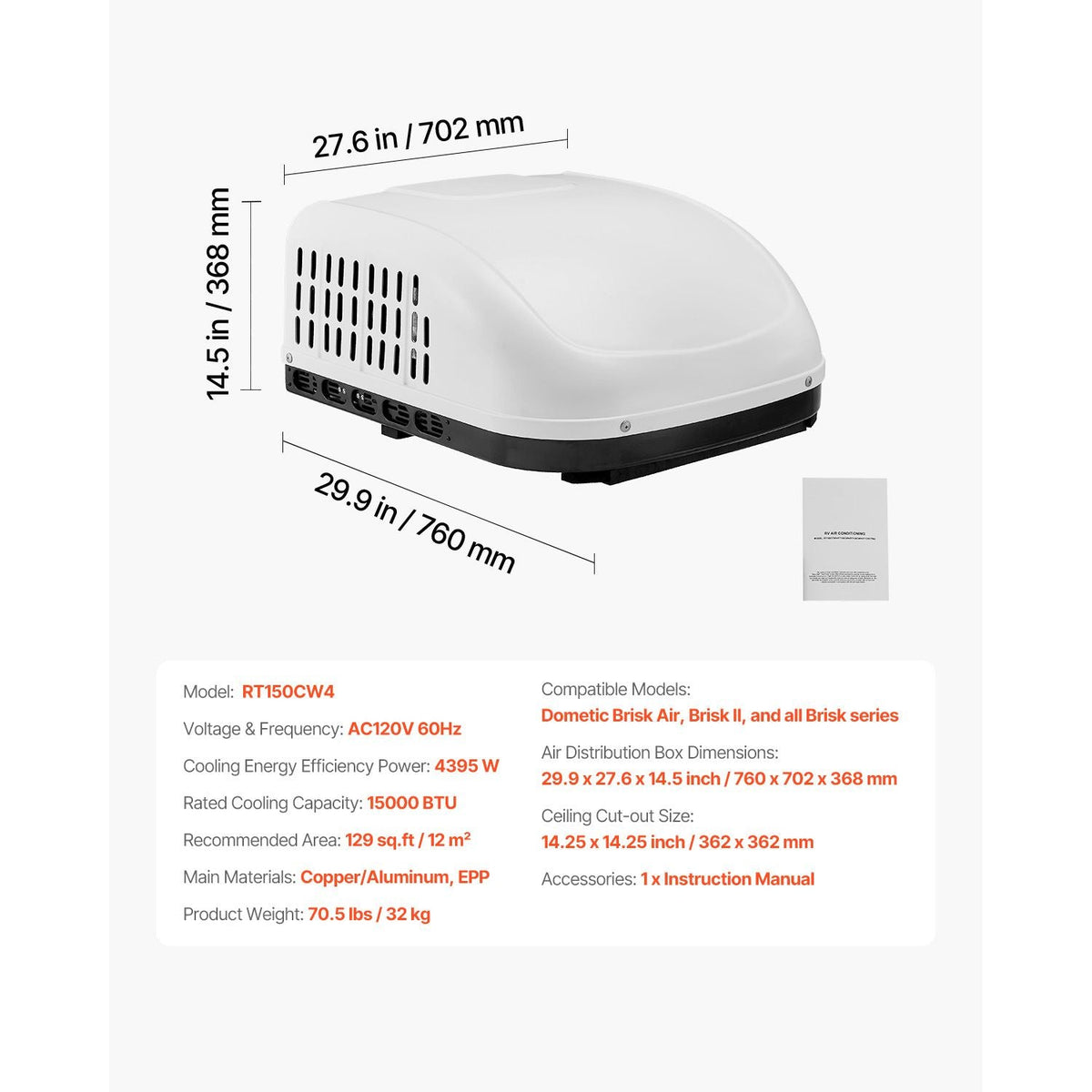 RV Air Conditioner, 15000 BTU Non-Ducted Rooftop RV AC, 65 dB Quiet Design, Highly Compatible with Air-conditioning Unit for Replacing Old Damaged Units, for Campers, Vans, Trailers, White