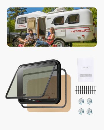 RV Exit Window, 36" W x 22" H Tinted RV Window with Net Screen and Trim Ring, Fit for 1 1/4" - 1 13/16" Thickness Wall, RV Window Replacement for Teardrop Cargo Trailer Camper, DOT Approved