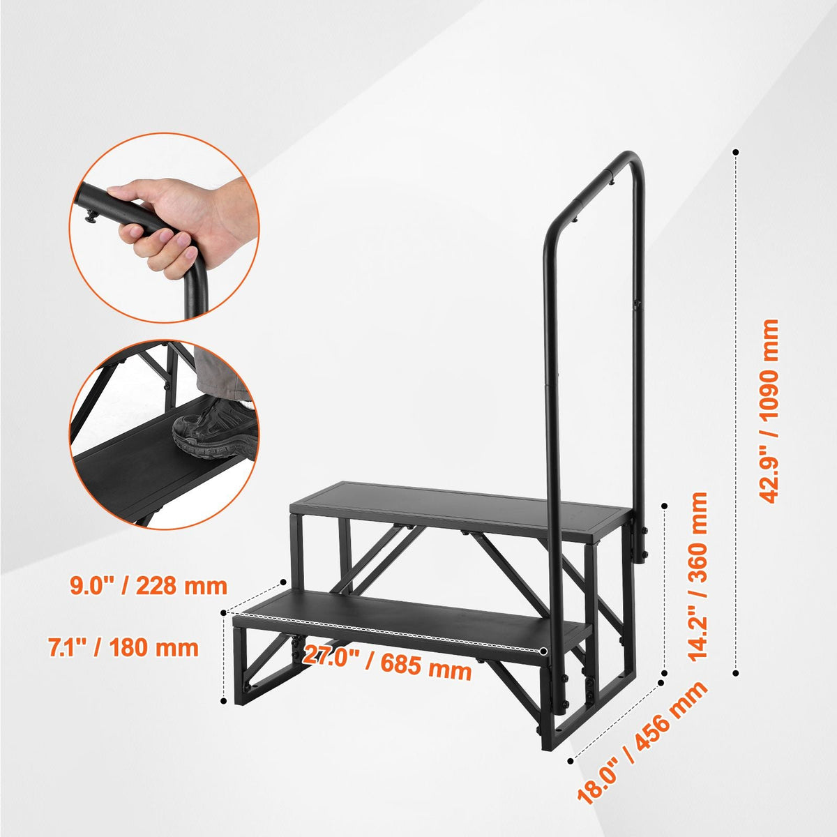 RV Steps, 2-Step RV Stairs, 440 LBS Load Capacity, Thickened Carbon Steel, With Handrail, Non-Slip Steps for Safe Entry and Exit, Suit for RV, Trailer, Camper Steps