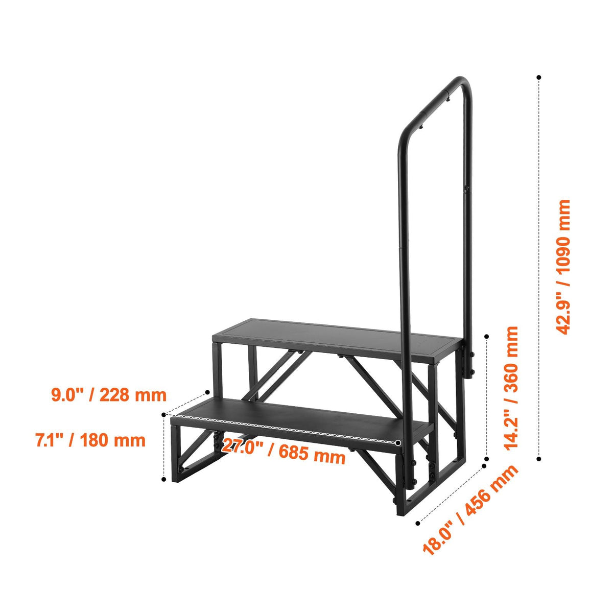RV Steps, 2-Step RV Stairs, 440 LBS Load Capacity, Thickened Carbon Steel, With Handrail, Non-Slip Steps for Safe Entry and Exit, Suit for RV, Trailer, Camper Steps
