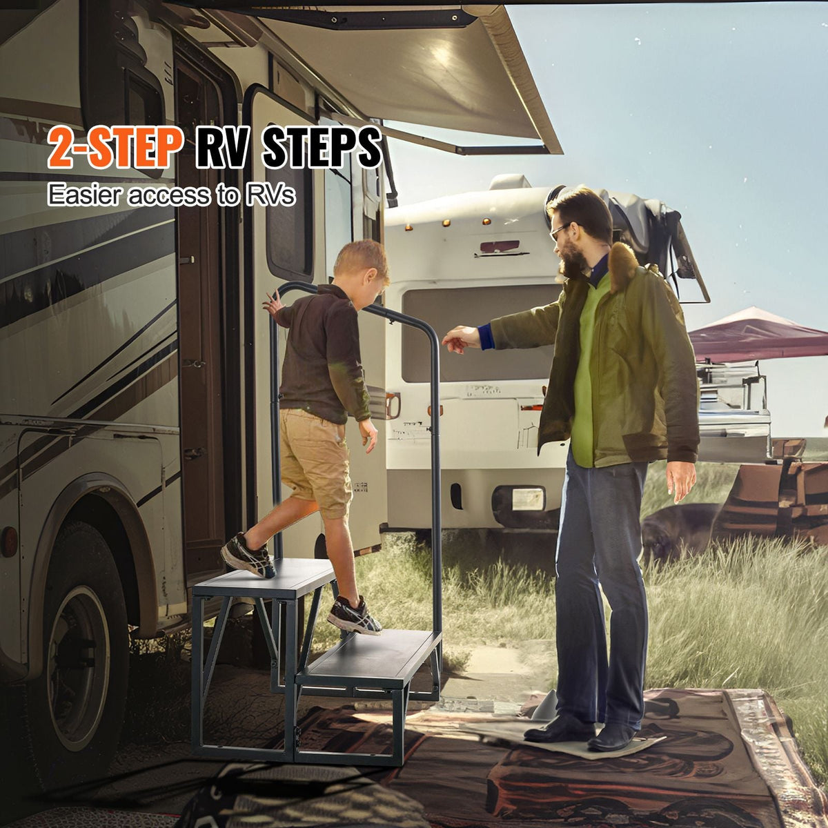 RV Steps, 2-Step RV Stairs, 440 LBS Load Capacity, Thickened Carbon Steel, With Handrail, Non-Slip Steps for Safe Entry and Exit, Suit for RV, Trailer, Camper Steps
