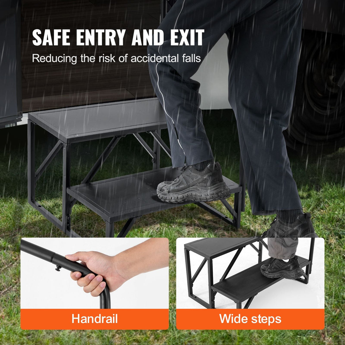 RV Steps, 2-Step RV Stairs, 440 LBS Load Capacity, Thickened Carbon Steel, With Handrail, Non-Slip Steps for Safe Entry and Exit, Suit for RV, Trailer, Camper Steps
