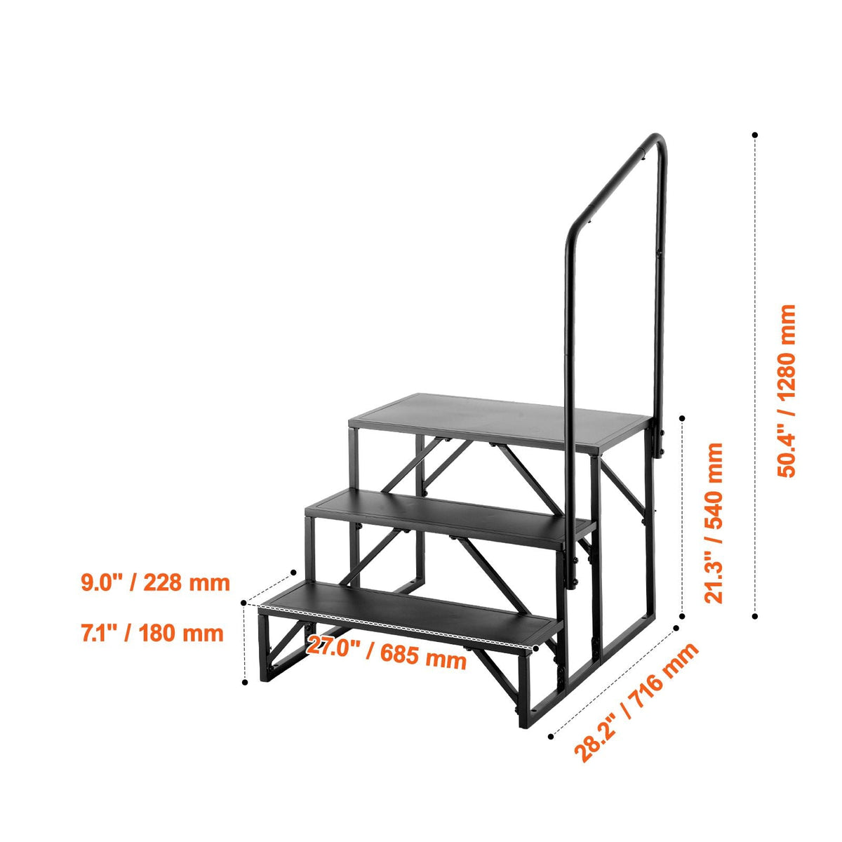RV Steps, 3-Step RV Stairs, 440 LBS Load Capacity, Thickened Carbon Steel, With Handrail, Non-Slip Steps for Safe Entry and Exit, Suit for RV, Trailer, Camper Steps