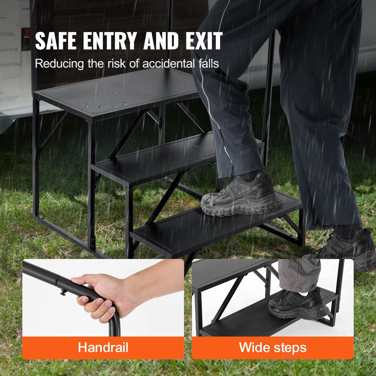 RV Steps, 3-Step RV Stairs, 440 LBS Load Capacity, Thickened Carbon Steel, With Handrail, Non-Slip Steps for Safe Entry and Exit, Suit for RV, Trailer, Camper Steps
