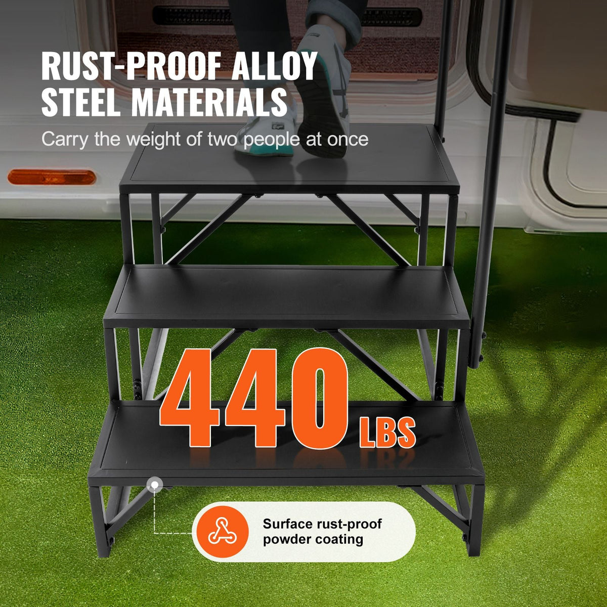 RV Steps, 3-Step RV Stairs, 440 LBS Load Capacity, Thickened Carbon Steel, With Handrail, Non-Slip Steps for Safe Entry and Exit, Suit for RV, Trailer, Camper Steps