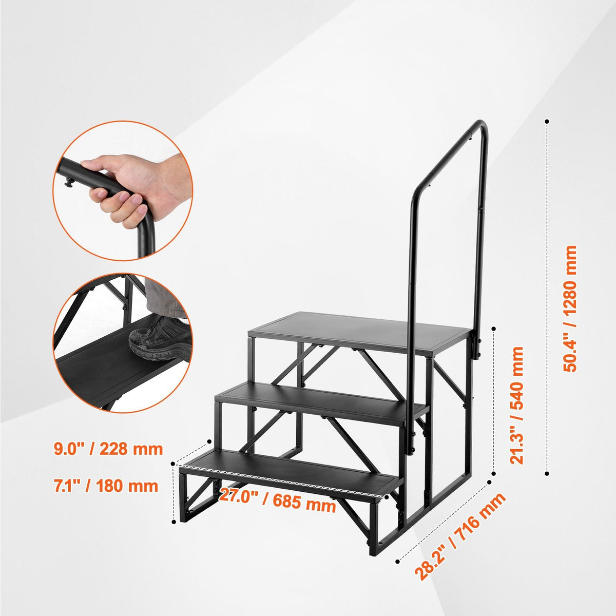 RV Steps, 3-Step RV Stairs, 440 LBS Load Capacity, Thickened Carbon Steel, With Handrail, Non-Slip Steps for Safe Entry and Exit, Suit for RV, Trailer, Camper Steps