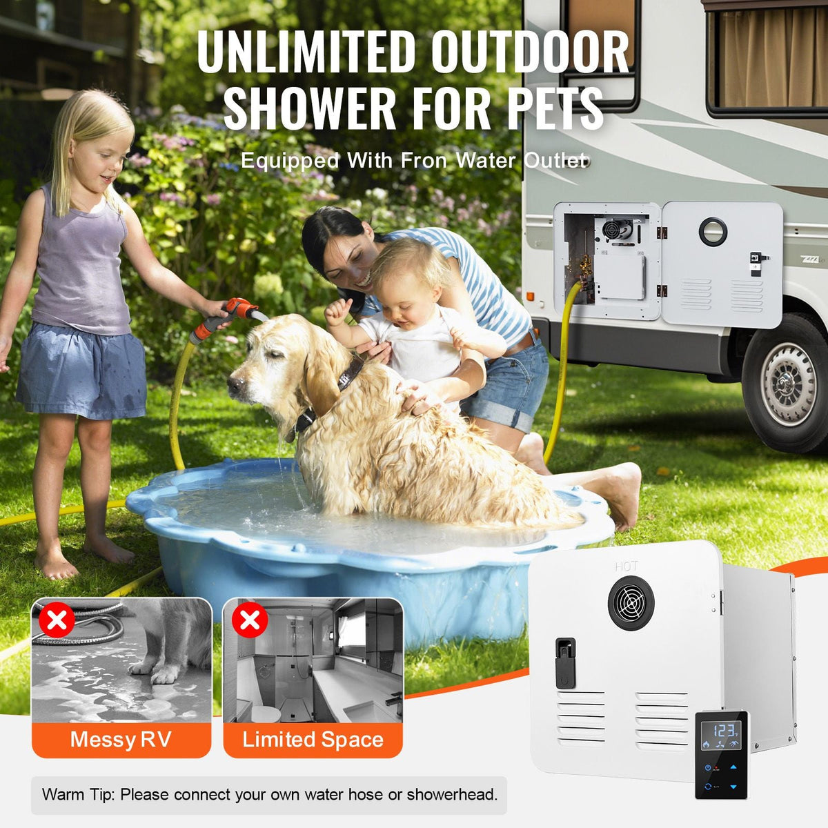 RV Tankless Water Heater, Instant Shower with 15 x 15 inches White Door and Remote Controller, 42000BTU Optimized Comfort Performance Hot Water, Ideal for RVers' Family Everyday Use, White