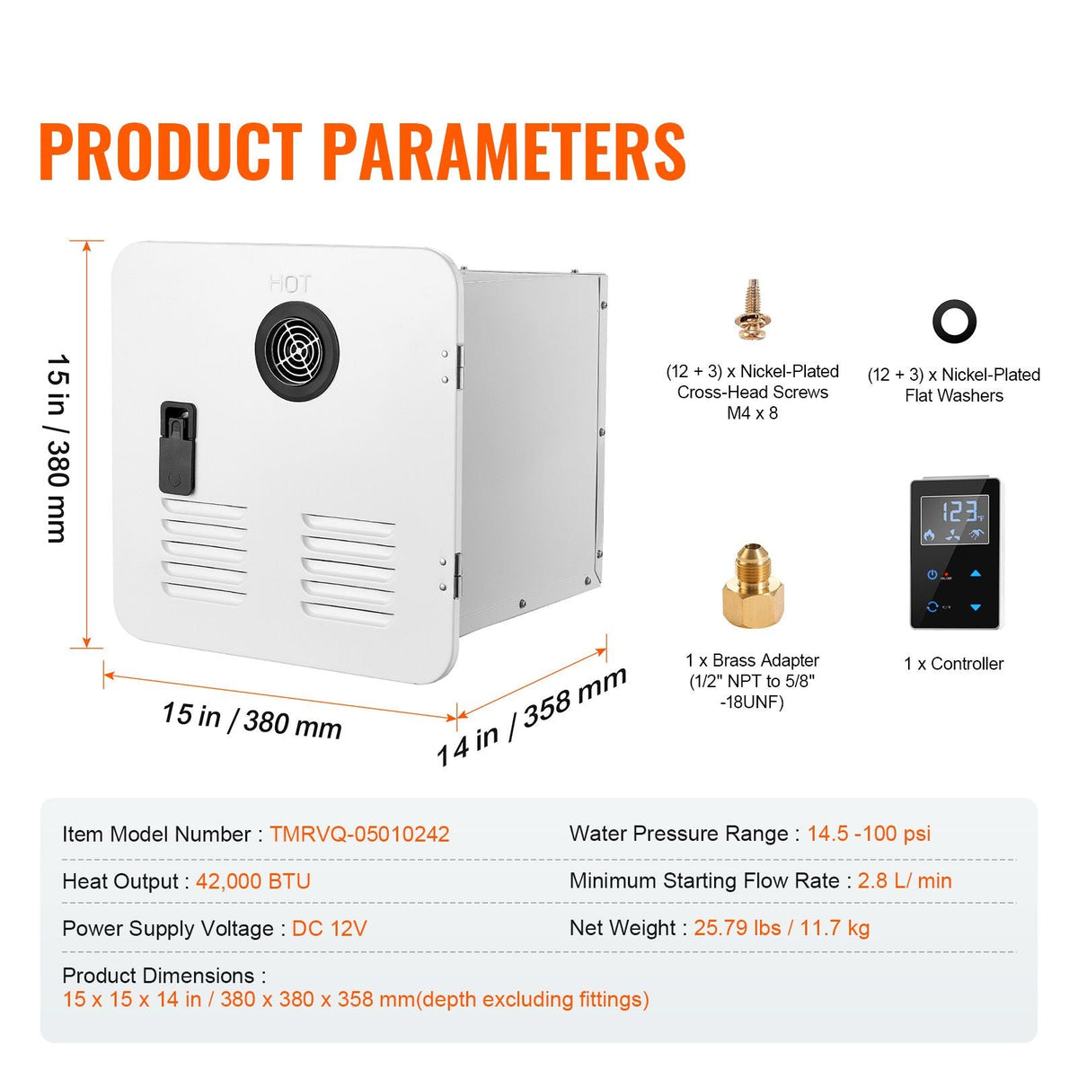 RV Tankless Water Heater, Instant Shower with 15 x 15 inches White Door and Remote Controller, 42000BTU Optimized Comfort Performance Hot Water, Ideal for RVers' Family Everyday Use, White