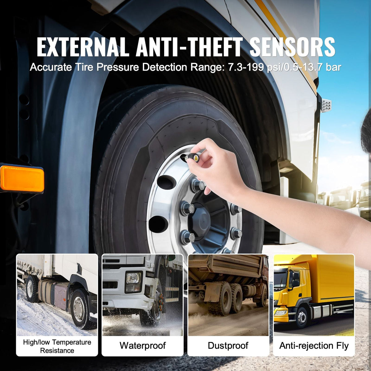 RV Tire Pressure Monitoring System, 0-199 PSI Trailer TPMS, Universal Wireless Car Alarm System, Waterproof TPMS Sensors Set with 6 Sensors, 7 Alarm Modes, Real-time Display, Easy to Install