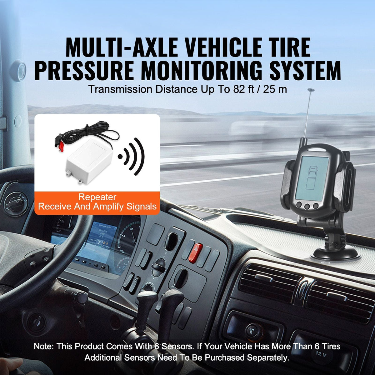 RV Tire Pressure Monitoring System, 0-199 PSI Trailer TPMS, Universal Wireless Car Alarm System, Waterproof TPMS Sensors Set with 6 Sensors, 7 Alarm Modes, Real-time Display, Easy to Install
