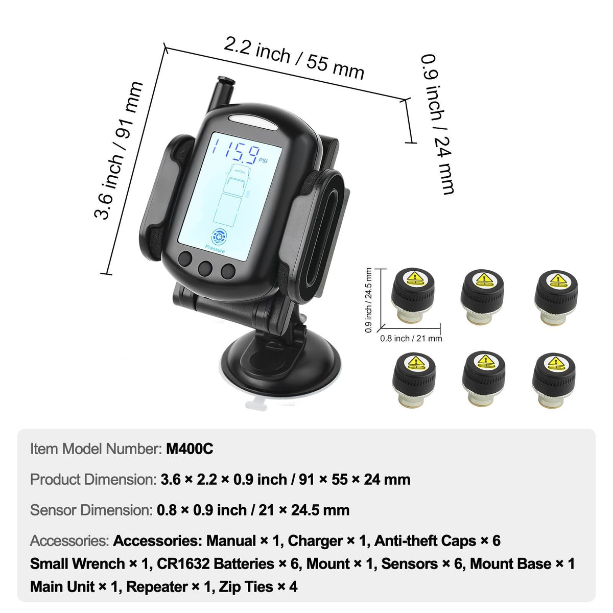 RV Tire Pressure Monitoring System, 0-199 PSI Trailer TPMS, Universal Wireless Car Alarm System, Waterproof TPMS Sensors Set with 6 Sensors, 7 Alarm Modes, Real-time Display, Easy to Install