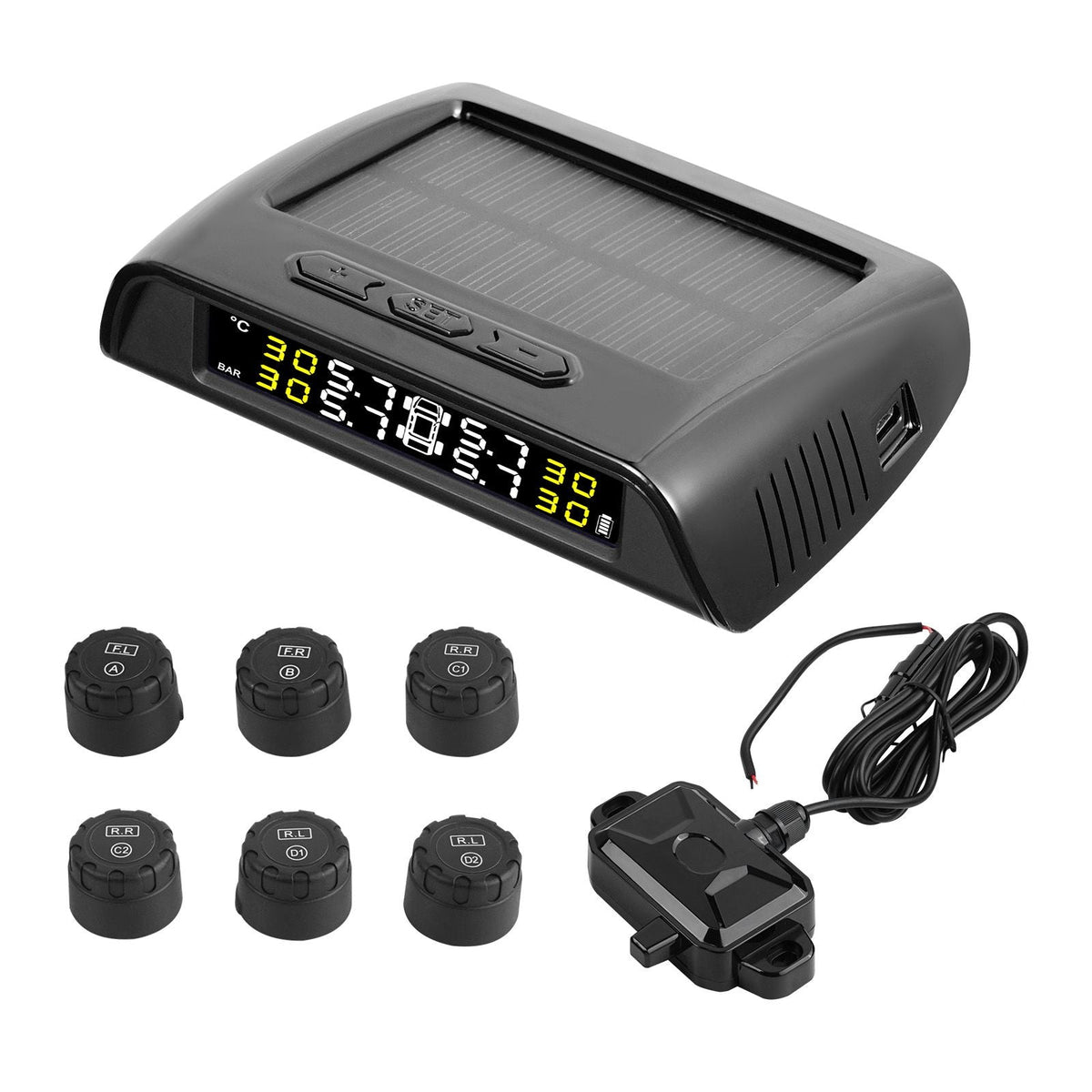 RV Tire Pressure Monitoring System, 7.3-116 PSI Trailer TPMS, Universal Wireless Car Alarm System, Waterproof TPMS Sensors Set with Solar Charge, 6 Sensors, 5 Alarm Modes, and Real-time Display