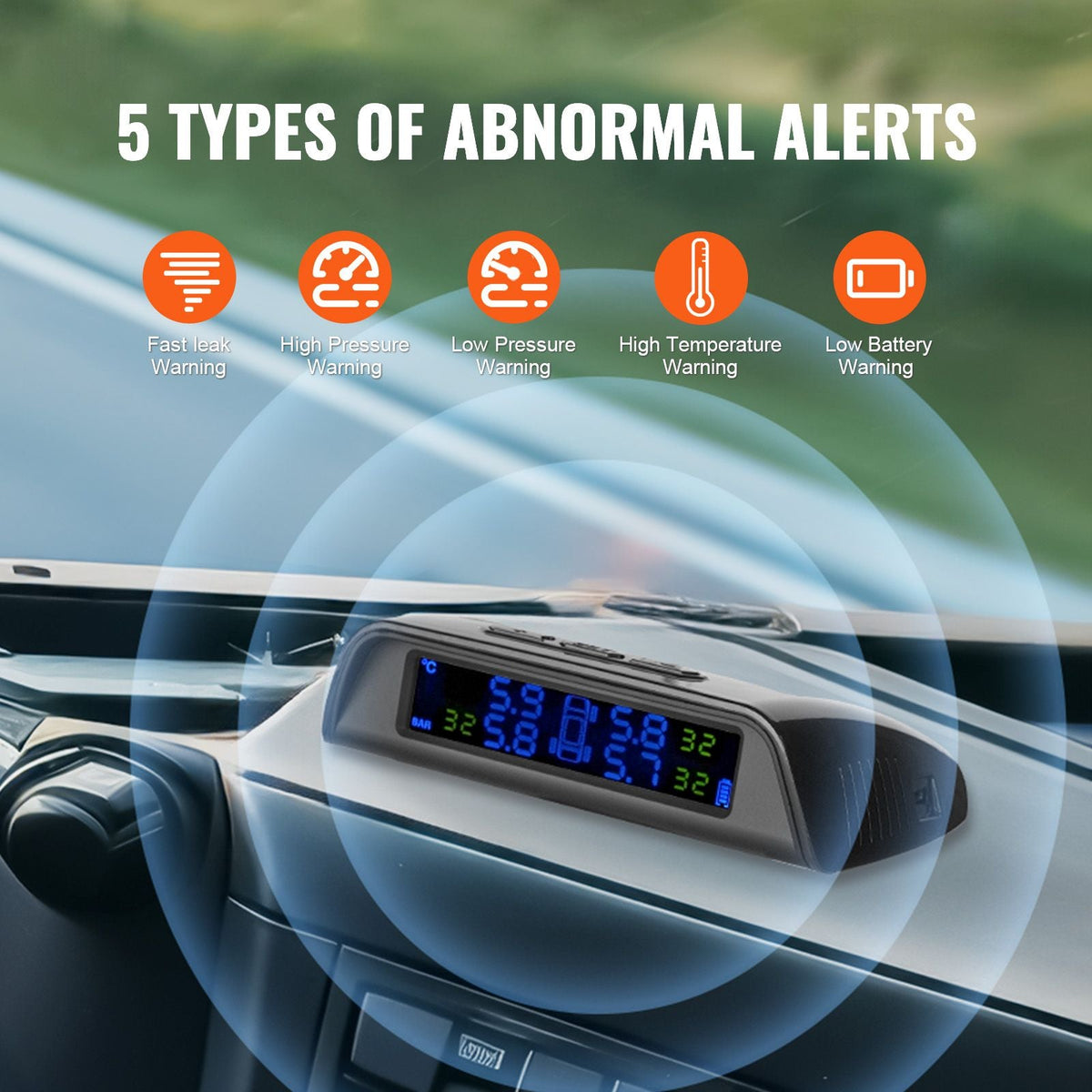 RV Tire Pressure Monitoring System, 7.3-116 PSI Trailer TPMS, Universal Wireless Car Alarm System, Waterproof TPMS Sensors Set with Solar Charge, 6 Sensors, 5 Alarm Modes, and Real-time Display