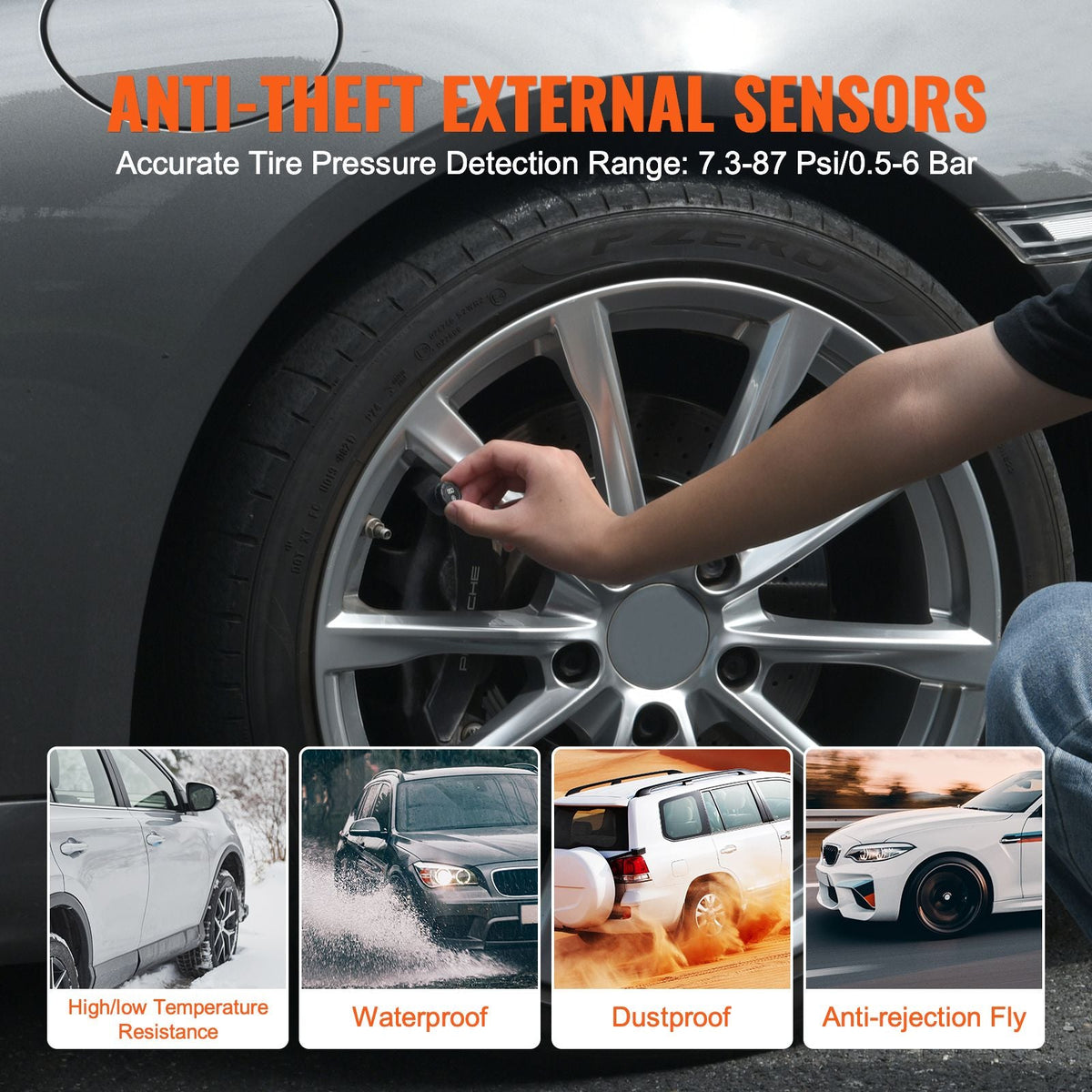 RV Tire Pressure Monitoring System, 7.3-87 PSI Trailer TPMS, Universal Wireless Car Alarm System, Waterproof TPMS Sensors Set with 4 Sensors, 5 Alarm Modes, Real-time Display, Easy to Install