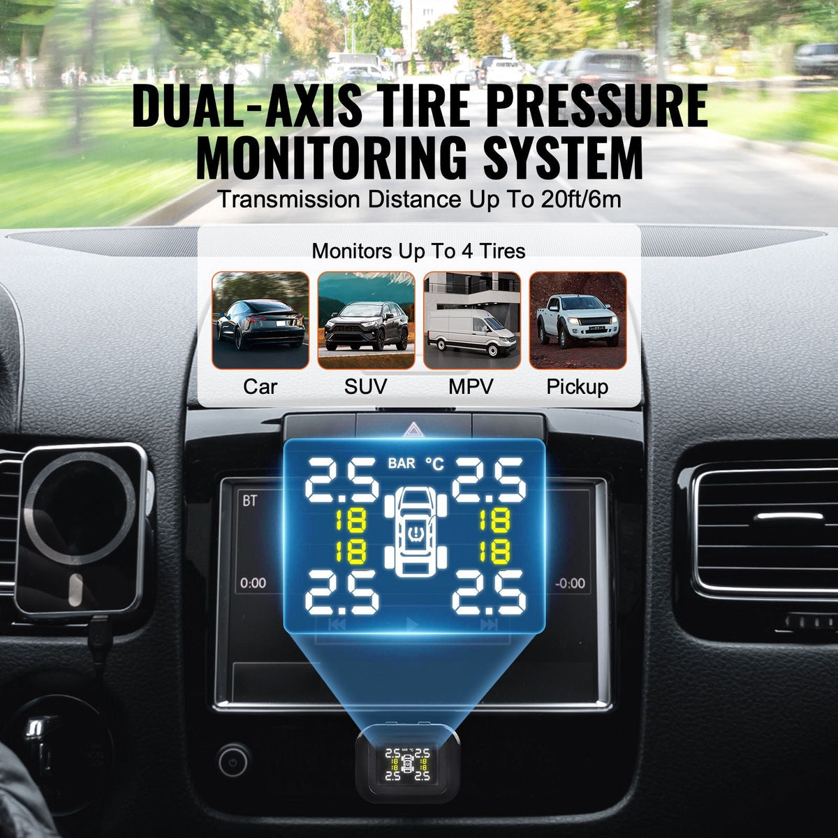 RV Tire Pressure Monitoring System, 7.3-87 PSI Trailer TPMS, Universal Wireless Car Alarm System, Waterproof TPMS Sensors Set with 4 Sensors, 5 Alarm Modes, Real-time Display, Easy to Install