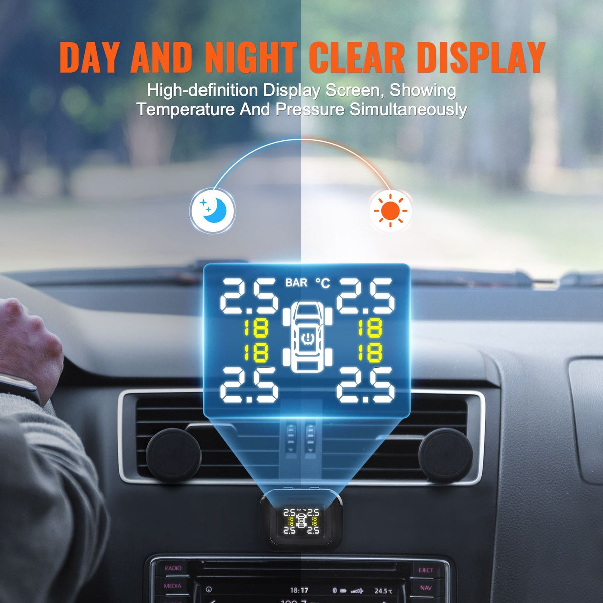 RV Tire Pressure Monitoring System, 7.3-87 PSI Trailer TPMS, Universal Wireless Car Alarm System, Waterproof TPMS Sensors Set with 4 Sensors, 5 Alarm Modes, Real-time Display, Easy to Install