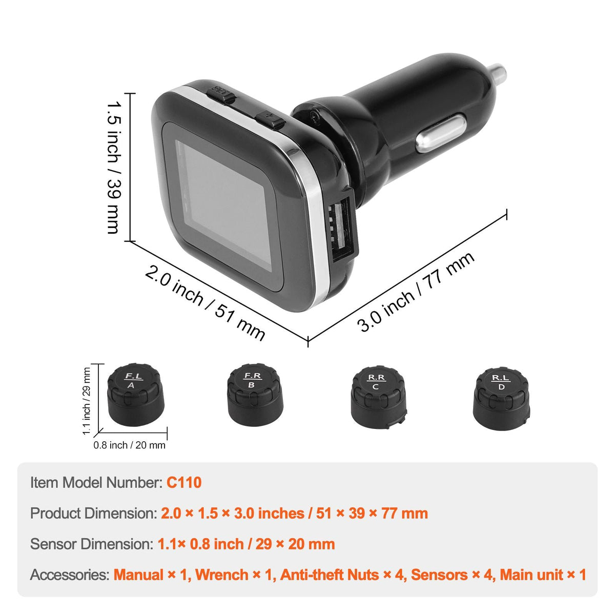 RV Tire Pressure Monitoring System, 7.3-87 PSI Trailer TPMS, Universal Wireless Car Alarm System, Waterproof TPMS Sensors Set with 4 Sensors, 5 Alarm Modes, Real-time Display, Easy to Install