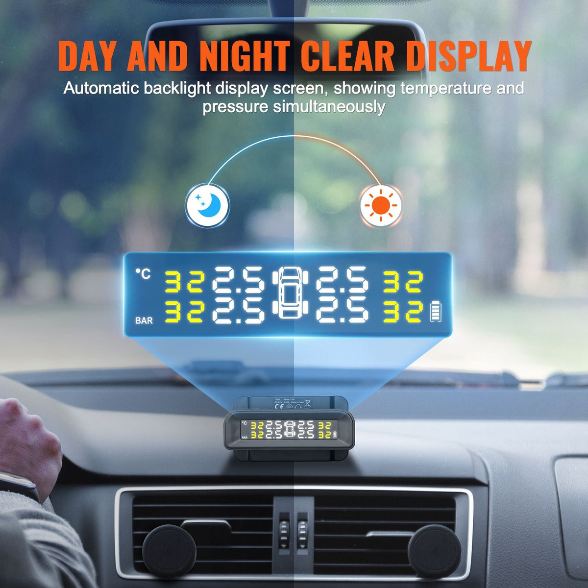 RV Tire Pressure Monitoring System, 7.3-87 PSI Trailer TPMS, Universal Wireless Car Alarm System, Waterproof TPMS Sensors Set with Solar Charge, 4 Sensors, 5 Alarm Modes, and Real-time Display