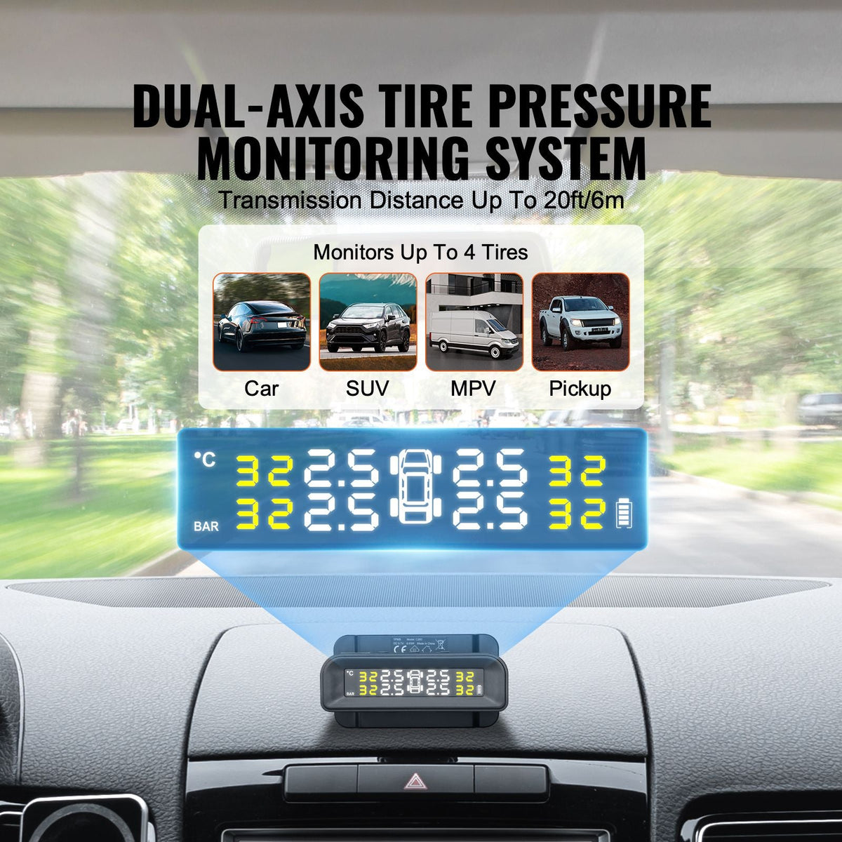 RV Tire Pressure Monitoring System, 7.3-87 PSI Trailer TPMS, Universal Wireless Car Alarm System, Waterproof TPMS Sensors Set with Solar Charge, 4 Sensors, 5 Alarm Modes, and Real-time Display
