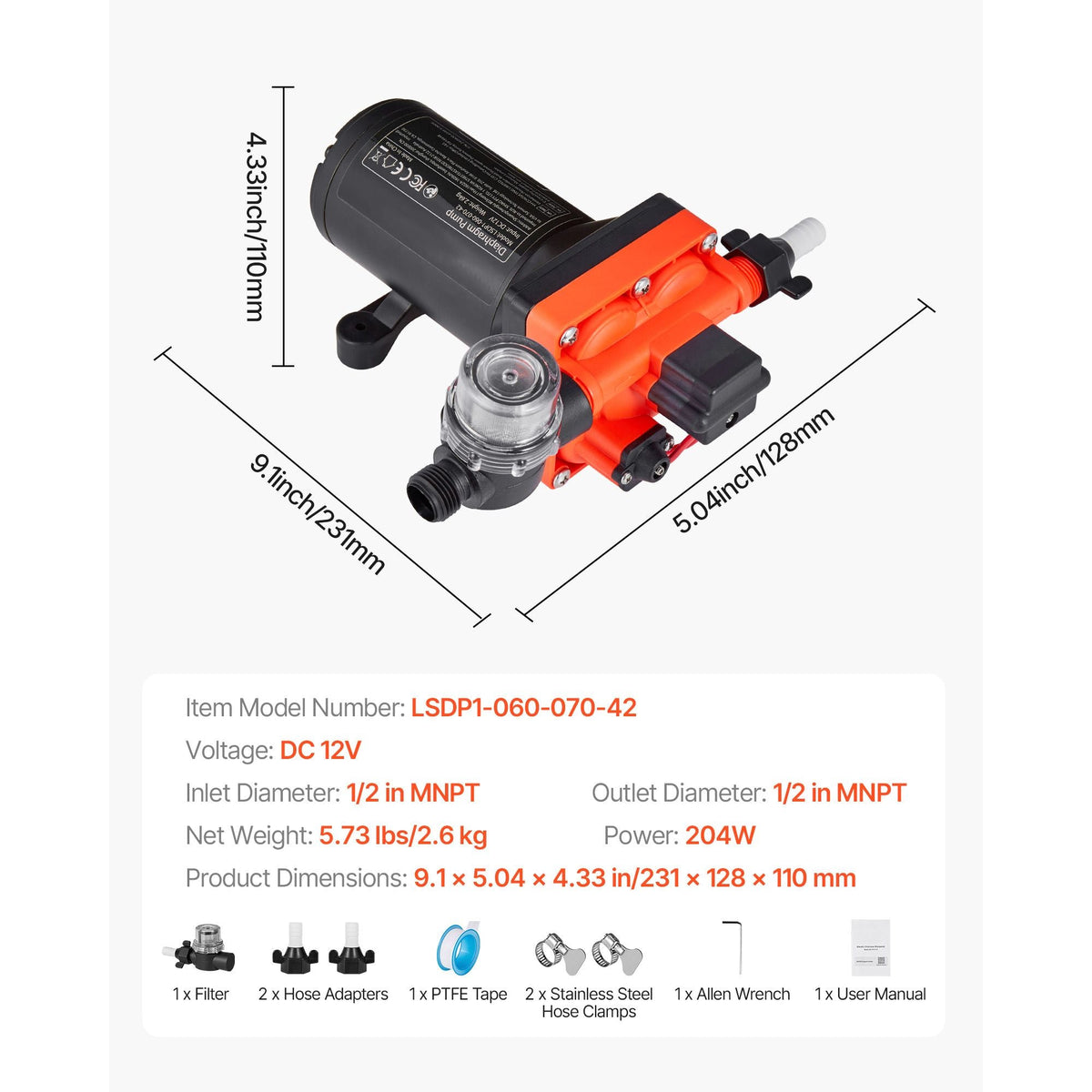 RV Water Pump, 12V DC 6 GPM (22.7 L/min), 4-Chamber Self-Priming Diaphragm Water Pump with Automatic Pressure Switch, 70 PSI Max Pressure, On Demand for RV, Caravan, Marine, Yacht, Car Washing