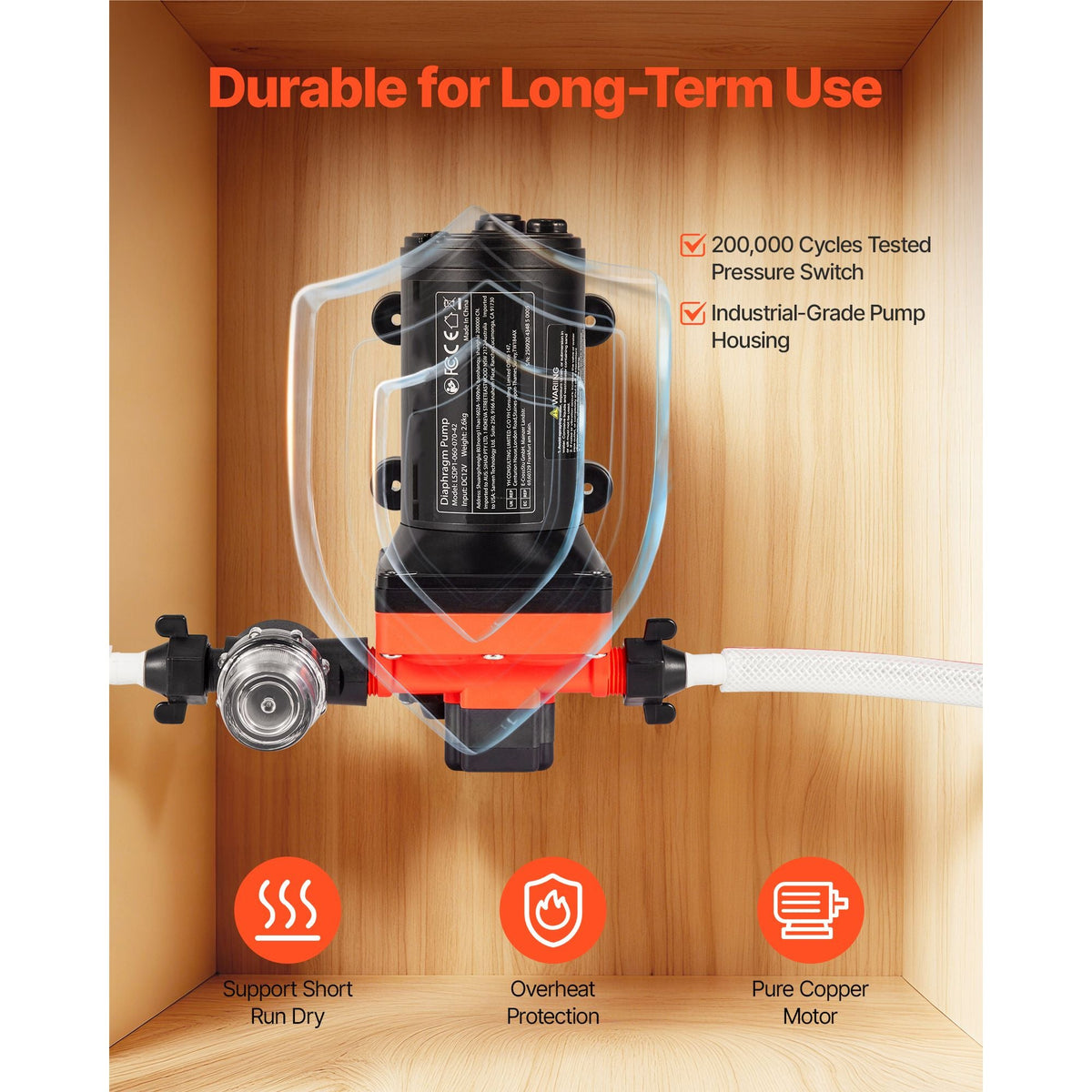 RV Water Pump, 12V DC 6 GPM (22.7 L/min), 4-Chamber Self-Priming Diaphragm Water Pump with Automatic Pressure Switch, 70 PSI Max Pressure, On Demand for RV, Caravan, Marine, Yacht, Car Washing