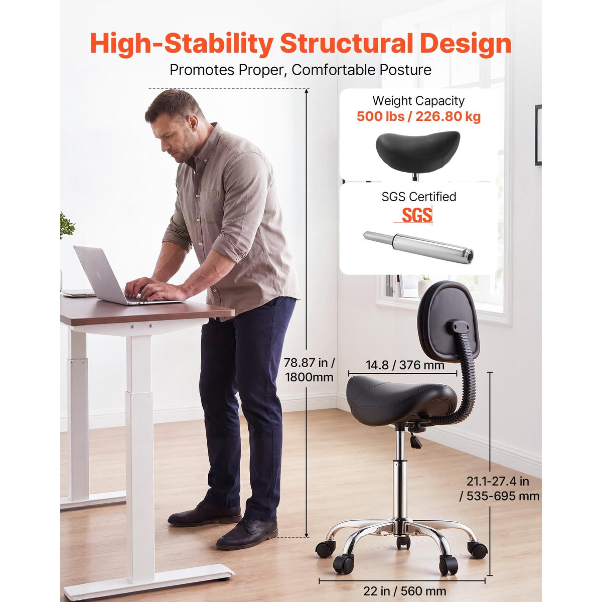 Saddle Stool with Back Support, 500 lbs Weight Capacity, Height Adjustable, Ergonomic PU Leather Seat, 360° Swivel Saddle Stool Rolling Chair with Wheels for Salon, Spa, Bar, Medical, Black