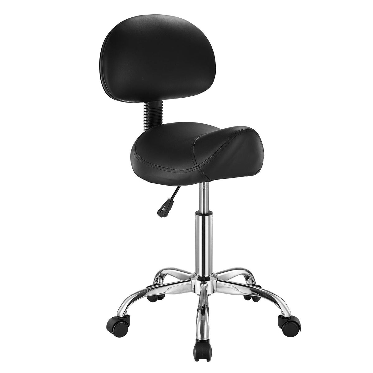 Saddle Stool with Back Support and Wheels, 450 LBS Weight Capacity Ergonomic Rolling Stool, Height Adjustable Thickened PU Leather Swivel Saddle Chair for Salon, Spa, Massage, Tattoo, Black
