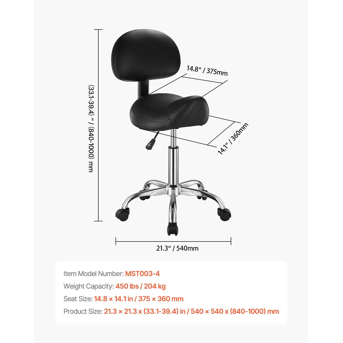 Saddle Stool with Back Support and Wheels, 450 LBS Weight Capacity Ergonomic Rolling Stool, Height Adjustable Thickened PU Leather Swivel Saddle Chair for Salon, Spa, Massage, Tattoo, Black