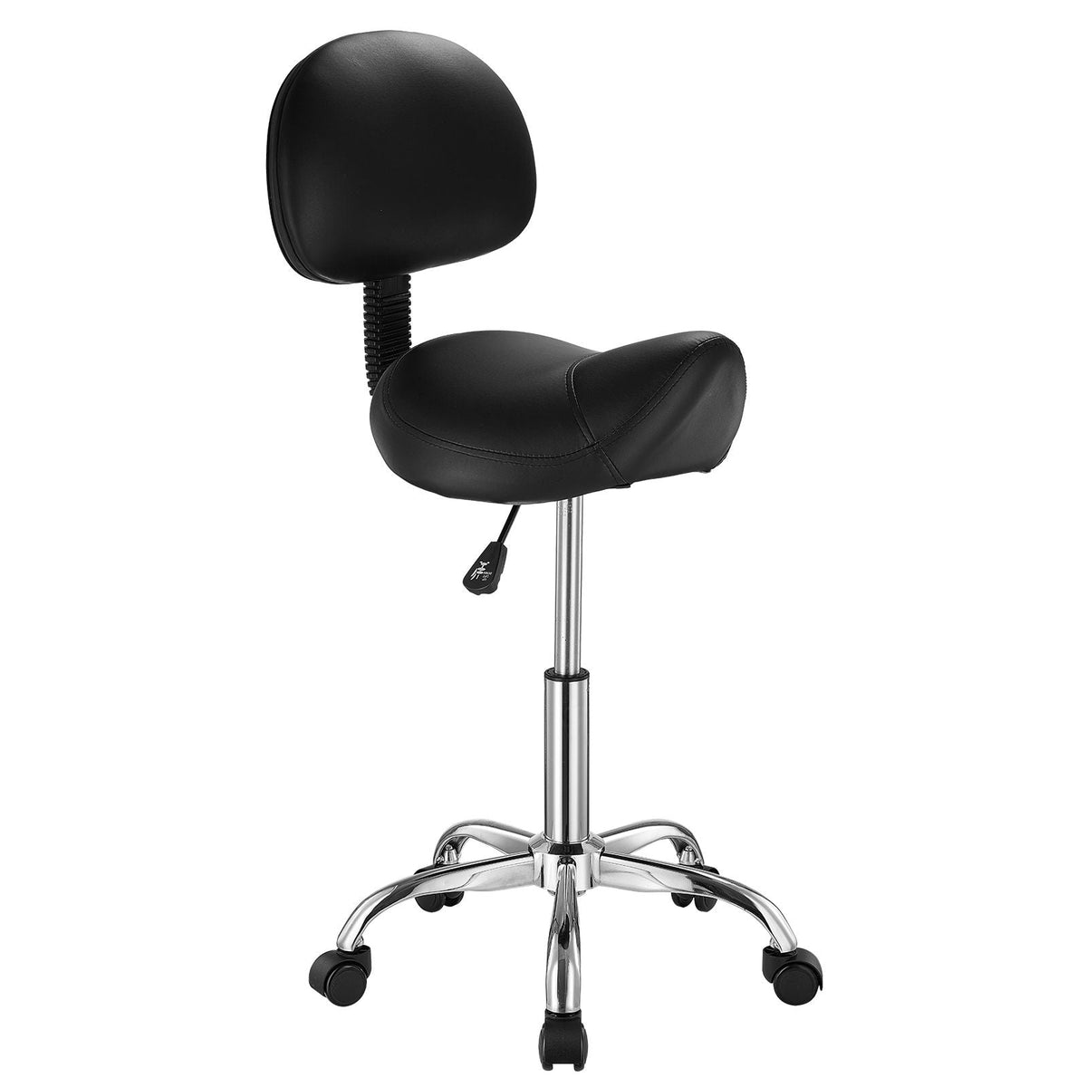 Saddle Stool with Back Support and Wheels, 450 LBS Weight Capacity Ergonomic Rolling Stool, Height Adjustable Thickened PU Leather Swivel Saddle Chair for Salon, Spa, Massage, Tattoo, Black