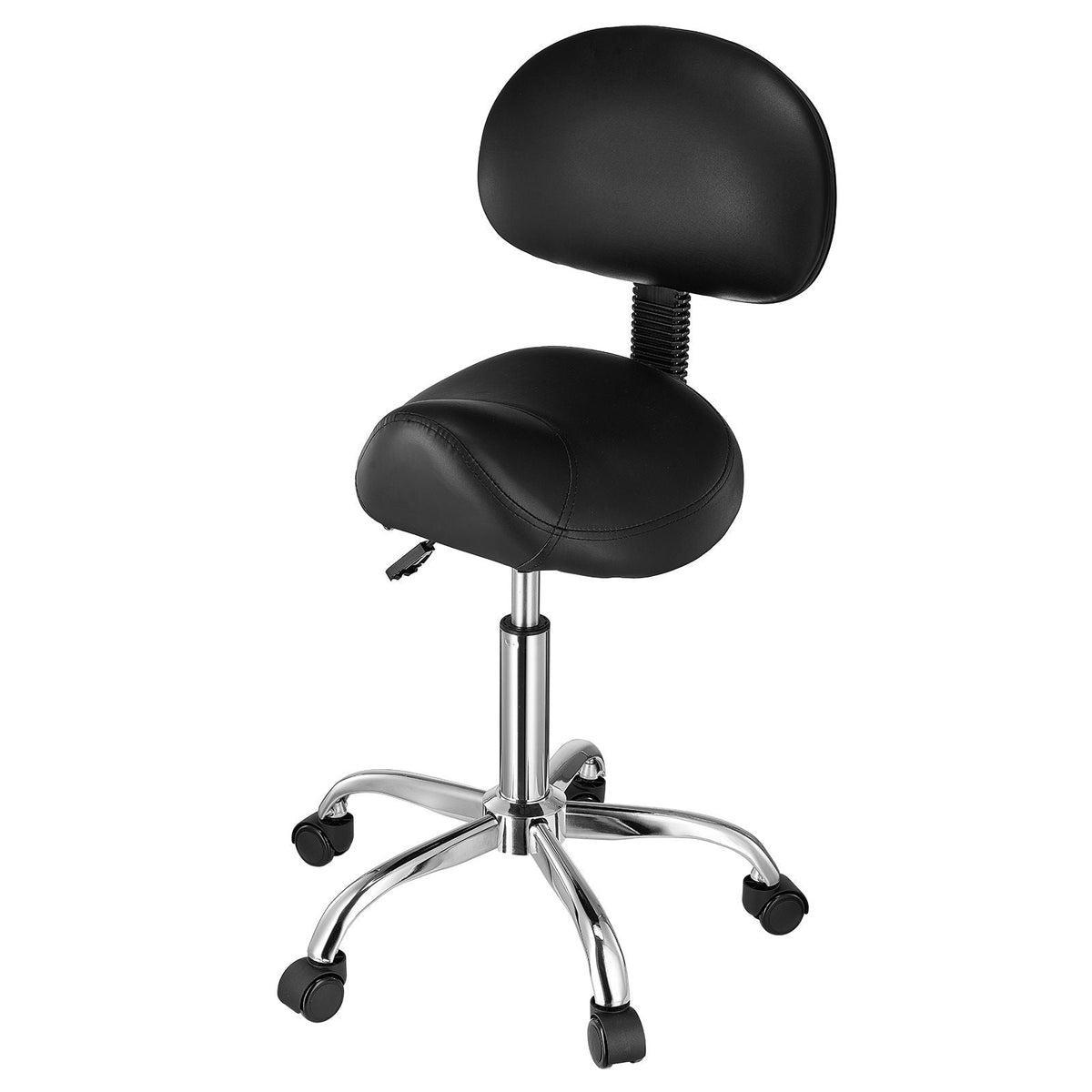 Saddle Stool with Back Support and Wheels, 450 LBS Weight Capacity Ergonomic Rolling Stool, Height Adjustable Thickened PU Leather Swivel Saddle Chair for Salon, Spa, Massage, Tattoo, Black