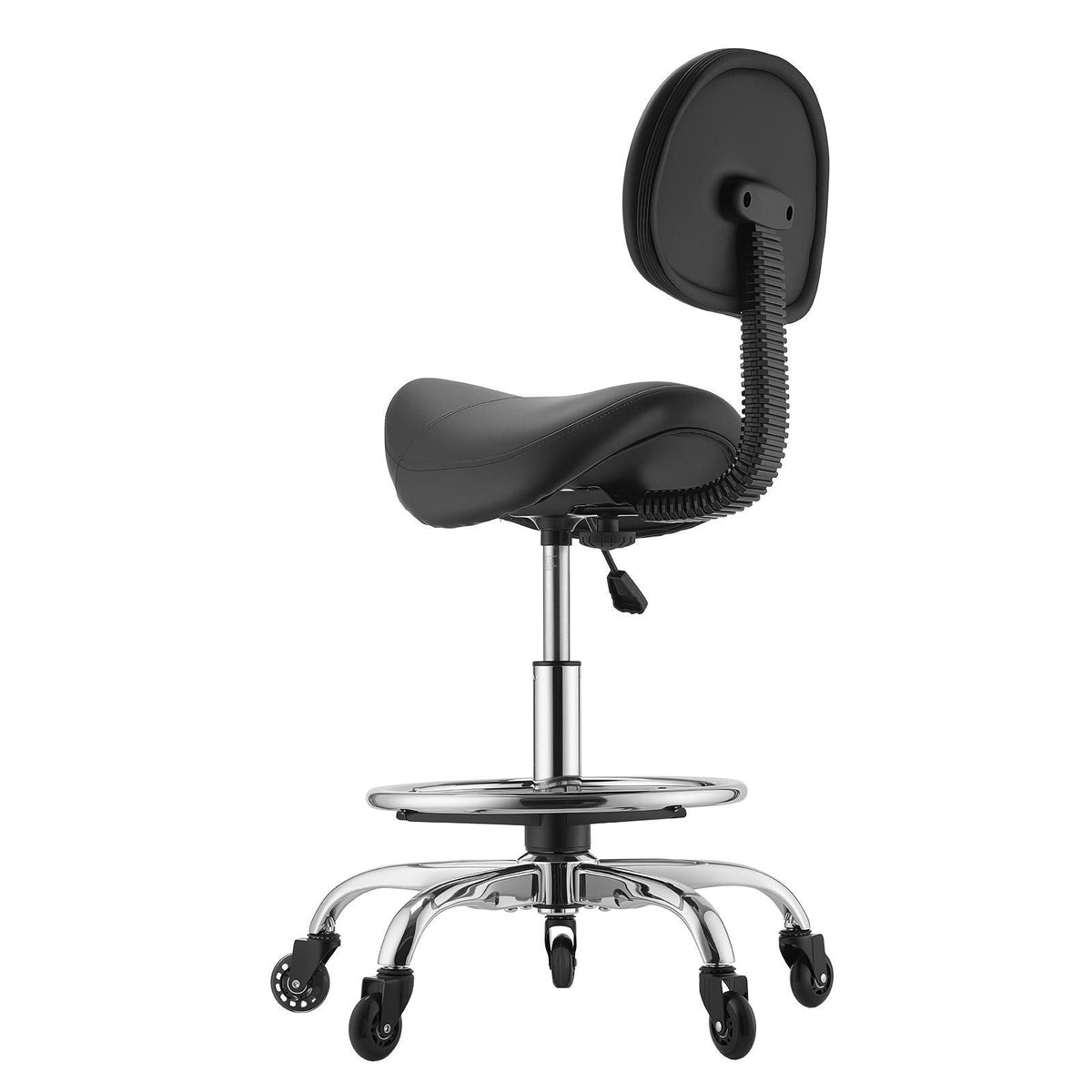 Saddle Stool with Back Support Footrest, 500 lbs Weight Capacity, Height Adjustable, Quiet Casters, PU Leather Seat, 360° Swivel Saddle Stool Rolling Chair for Salon, Spa, Bar, Medical, Black