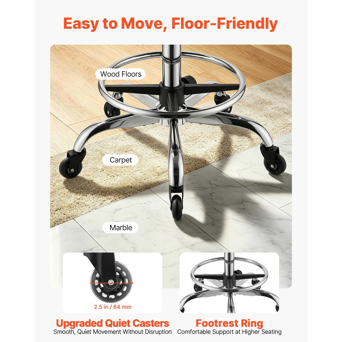 Saddle Stool with Back Support Footrest, 500 lbs Weight Capacity, Height Adjustable, Quiet Casters, PU Leather Seat, 360° Swivel Saddle Stool Rolling Chair for Salon, Spa, Bar, Medical, Black