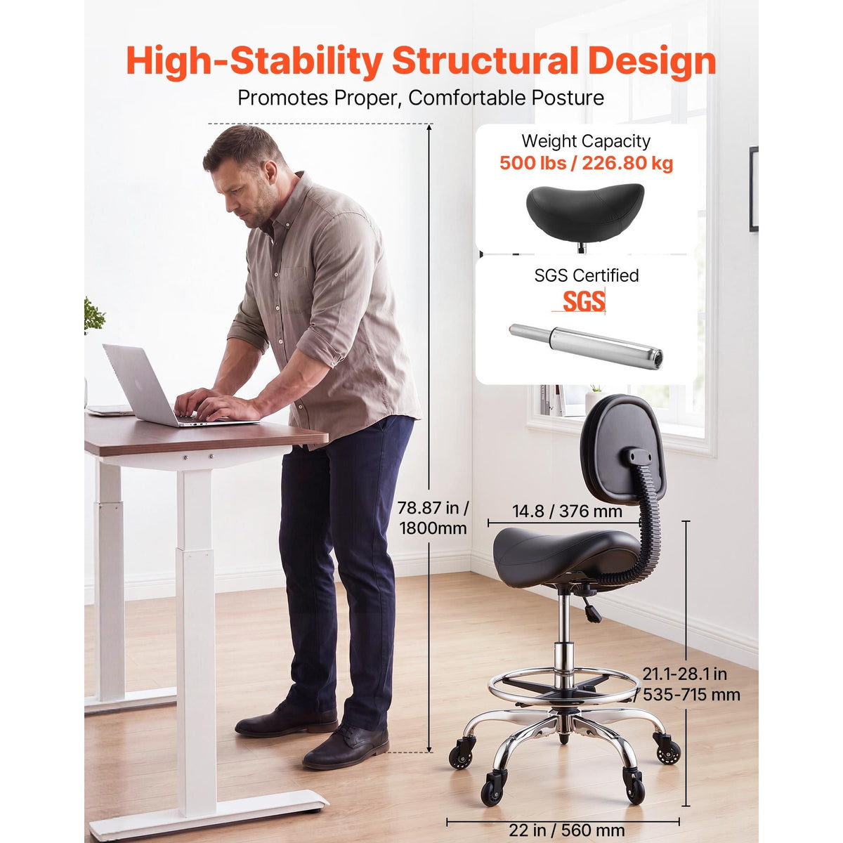 Saddle Stool with Back Support Footrest, 500 lbs Weight Capacity, Height Adjustable, Quiet Casters, PU Leather Seat, 360° Swivel Saddle Stool Rolling Chair for Salon, Spa, Bar, Medical, Black