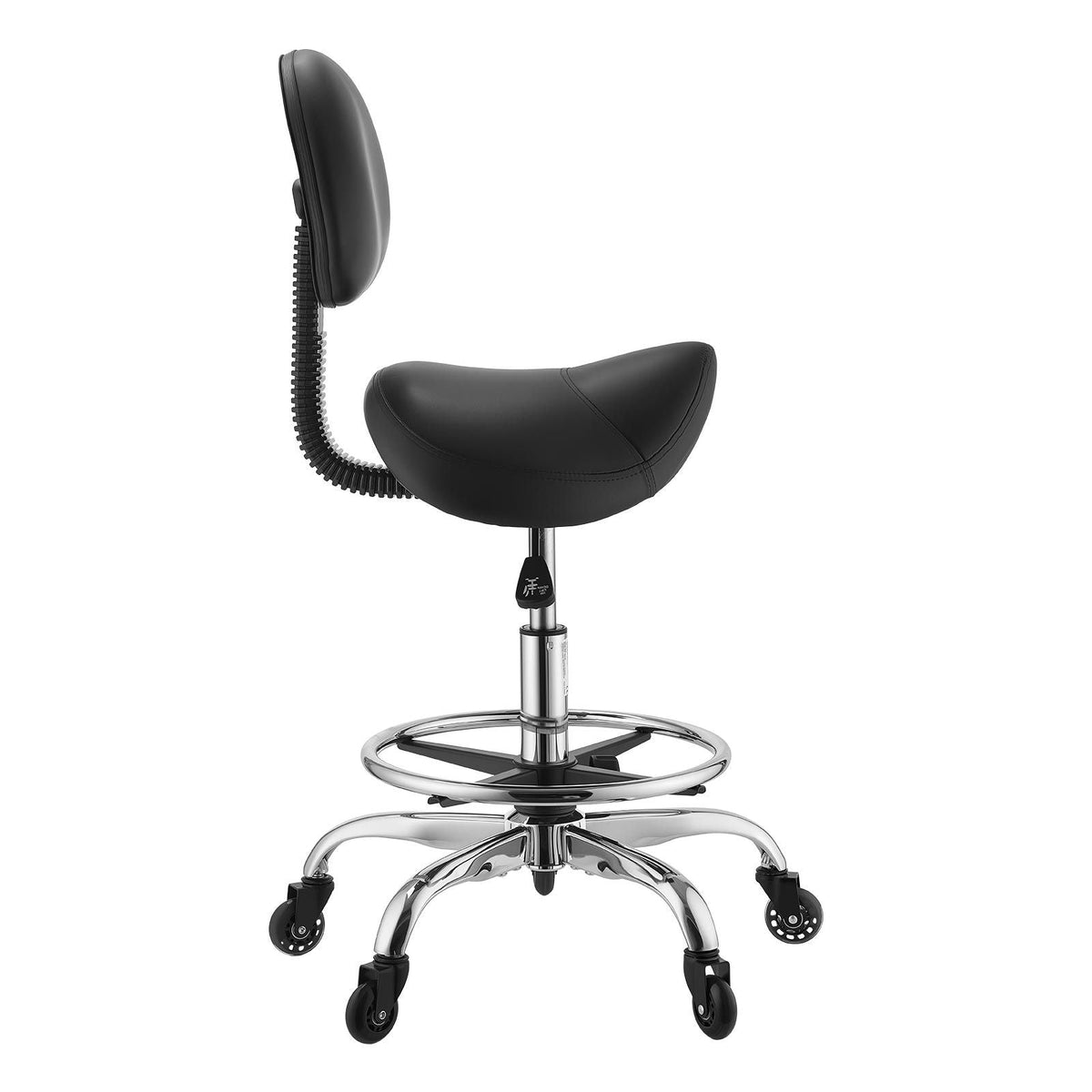 Saddle Stool with Back Support Footrest, 500 lbs Weight Capacity, Height Adjustable, Quiet Casters, PU Leather Seat, 360° Swivel Saddle Stool Rolling Chair for Salon, Spa, Bar, Medical, Black