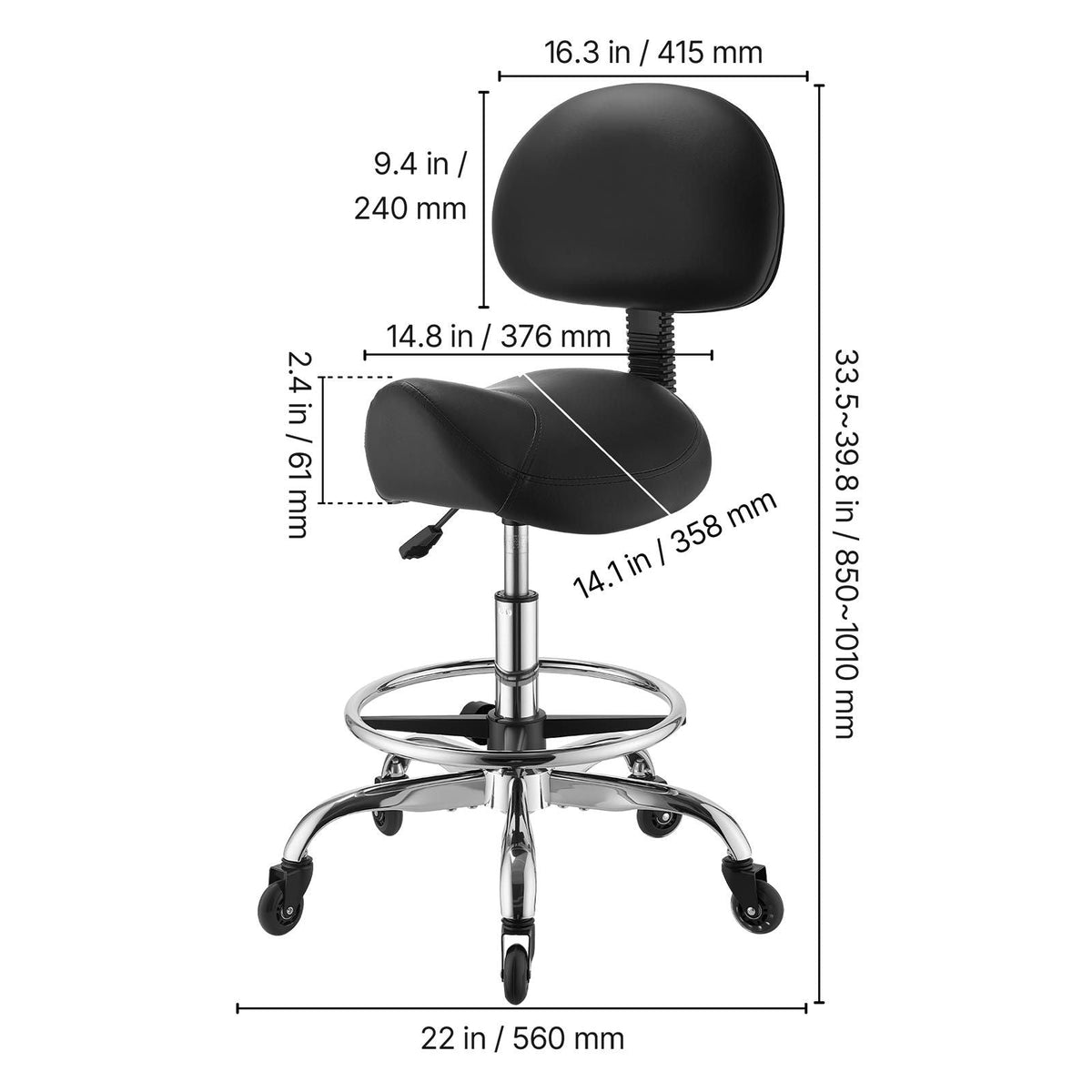 Saddle Stool with Back Support Footrest, 500 lbs Weight Capacity, Height Adjustable, Quiet Casters, PU Leather Seat, 360° Swivel Saddle Stool Rolling Chair for Salon, Spa, Bar, Medical, Black